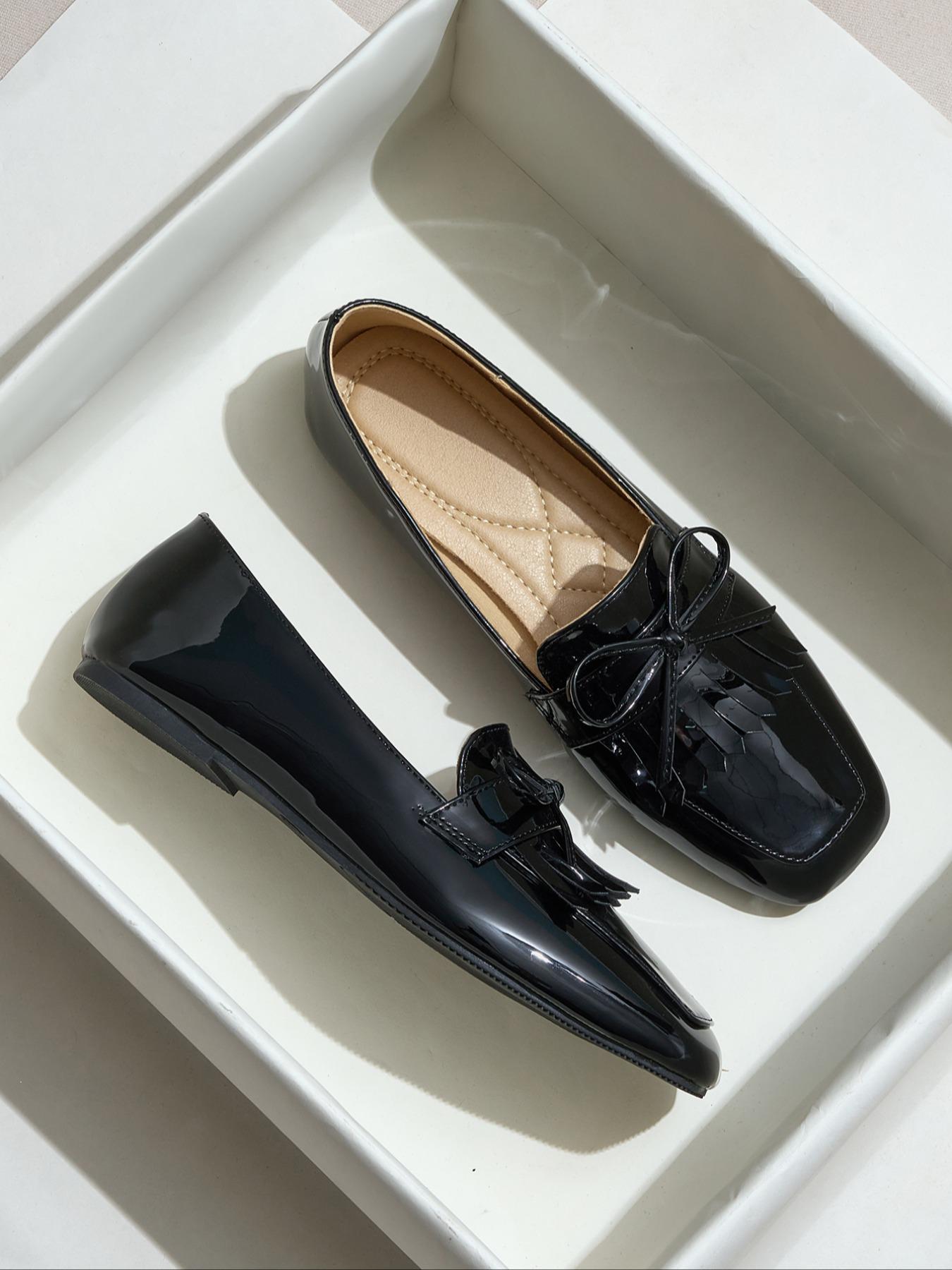 Women's Retro Flat Shoes with Bowknot and Fringe Design, Square Toe Slip-On Loafers for Spring & Fall Fashion