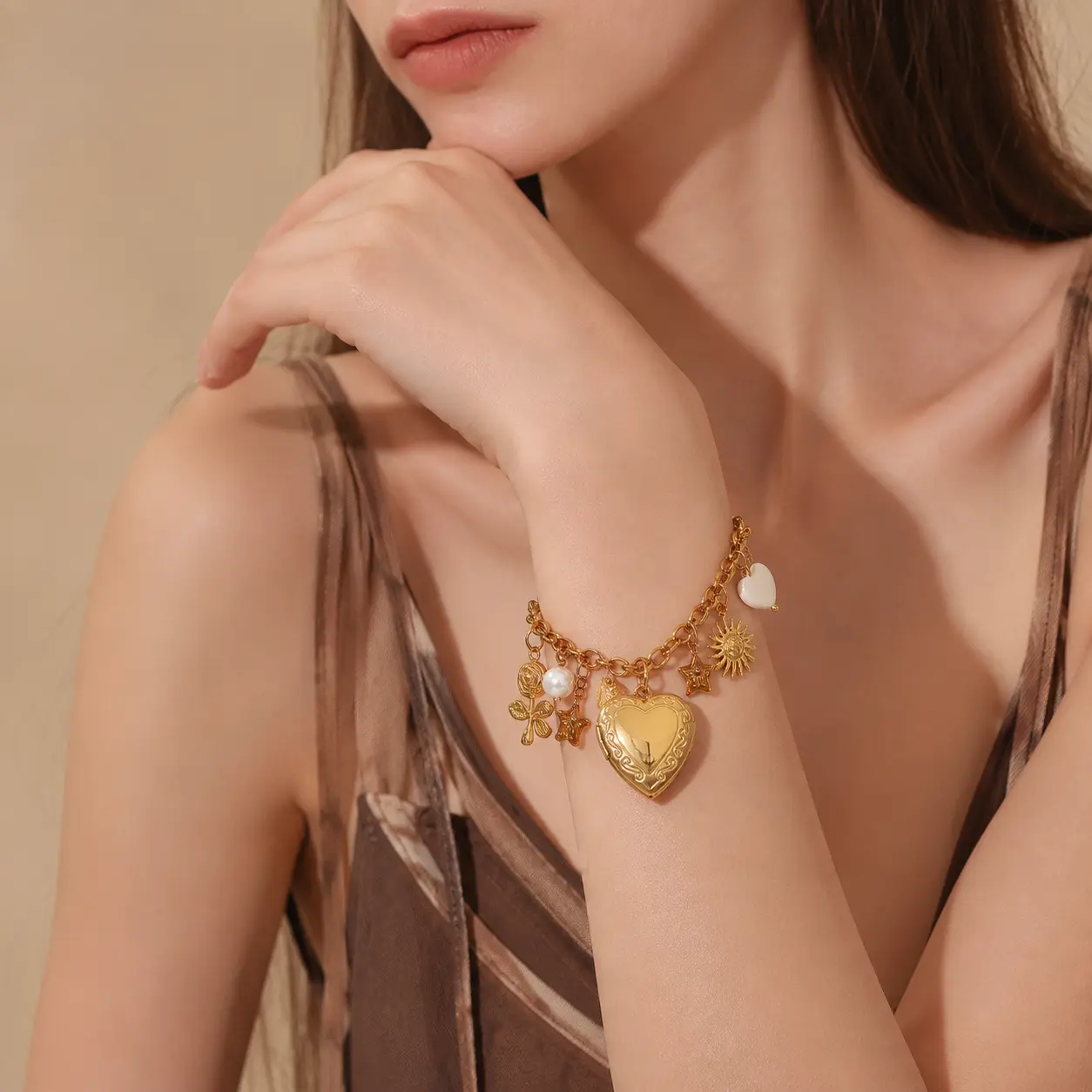 Women's 18K Gold Plated Stainless Steel Charm Bracelet - Heart Locket, Bow, Sun, Star Pendant Chain Bracelet