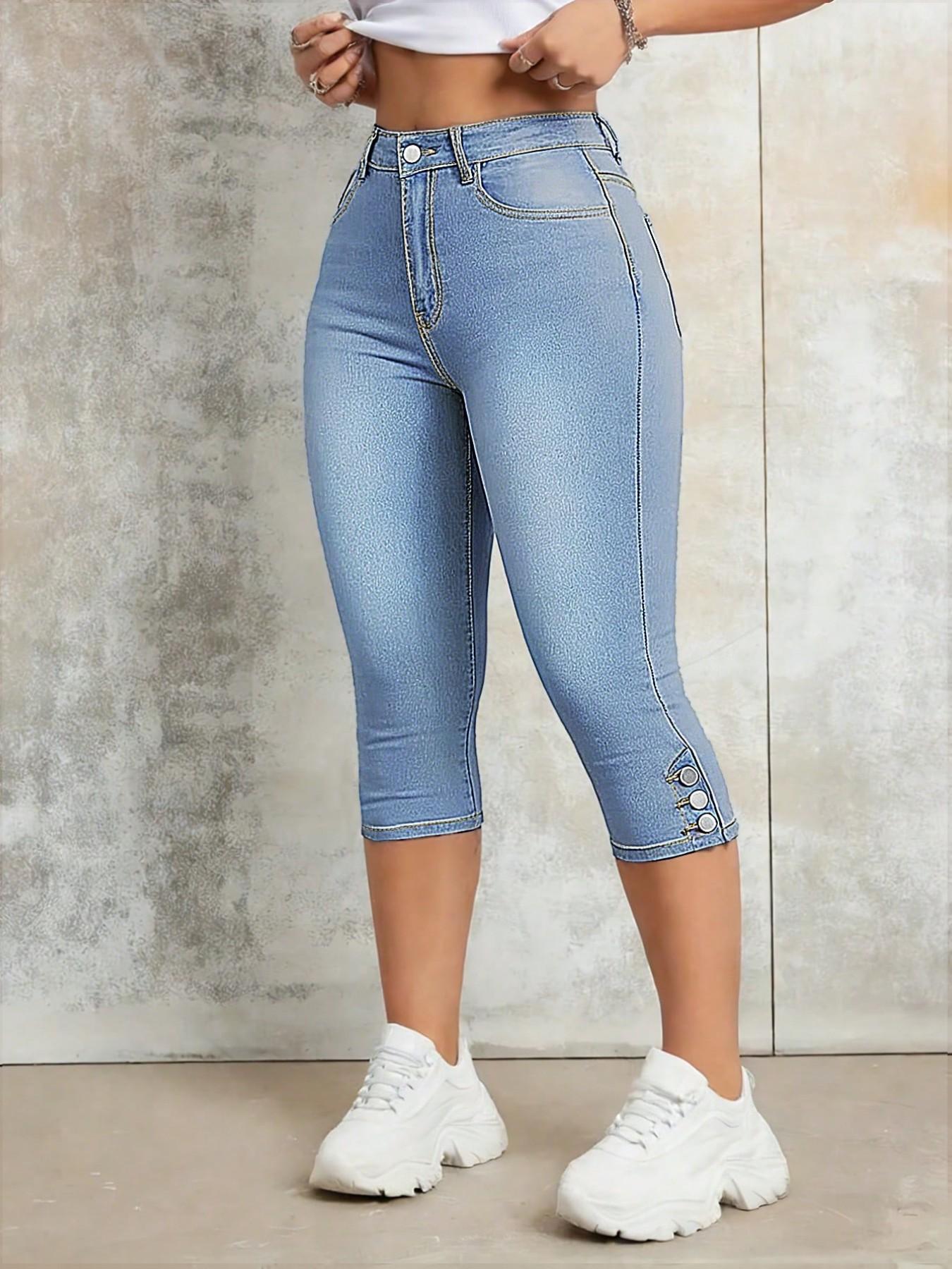 Women's Elastic Slim Fit Denim Capri Jeans, Button Fly Detail, Functional Pockets, Butt Lifting, Casual Daily Wear, Everyday, All Seasons Women's Elastic Slim Fit Denim Capri Jeans, Button Fly Detail, Functional Pockets, Butt Lifting, Casual Daily Wear, Everyday, All Seasons