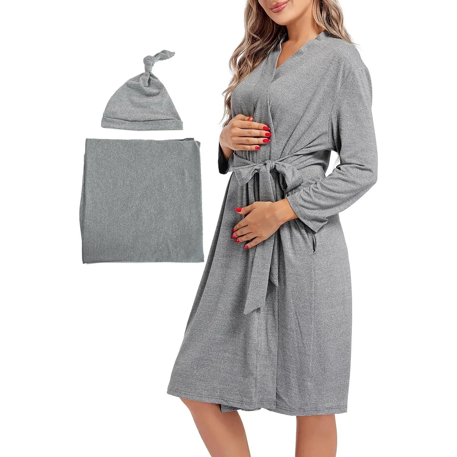Maternity Mommy Robes with Matching Swaddle Blanket Set, Maternity Mommy Postpartum Bathrobe Sleepwear