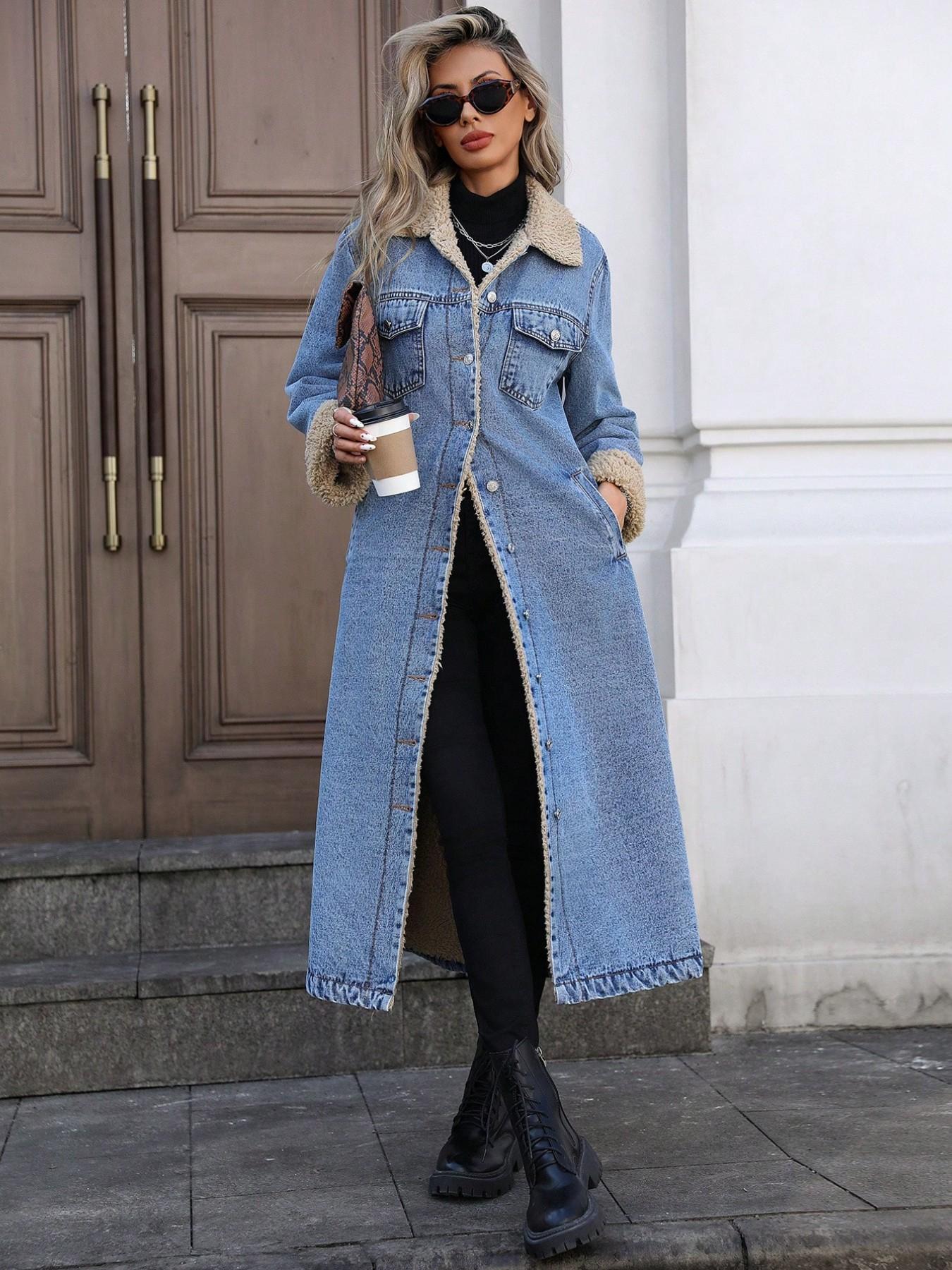 Women's Fall Winter Basic Chic Fashion Long Denim Jacket with Long Sleeves, Elegant Lapel Single Button Fleece Lined Warm Coat, Casual Versatile Outerwear