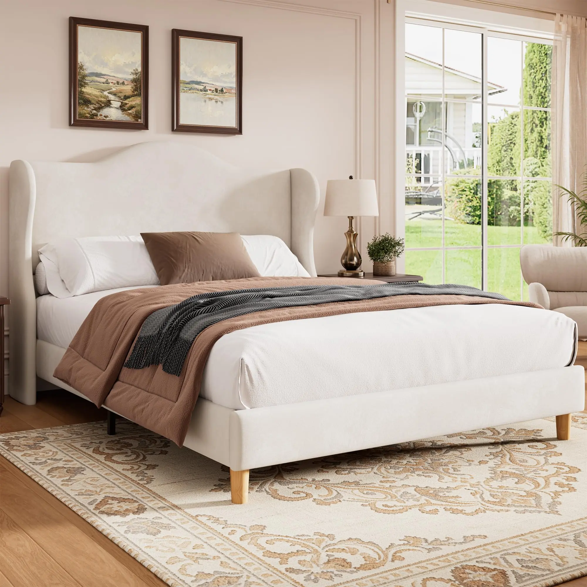 Garvee Retro Velvet Winged Platform Bed Frame - Apartment Furniture, 50.48" Ultra-High Headboard, 12-Wooden Slat Base, Noise-Free, No Box Spring Needed (Beige/Grey/Black)