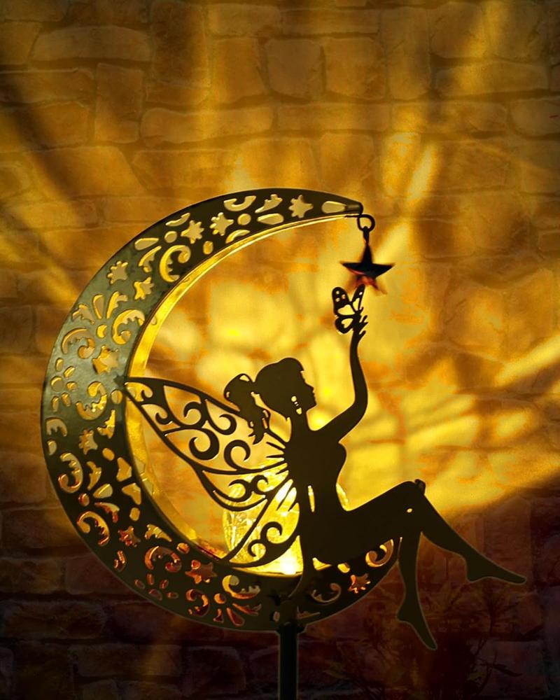 Solar Garden Statues Outdoor Decor Fairy Moon Figurine Light Stake Ornament for Patio, Lawn, Yard, Pathway gift for Mom Grandma Decoration