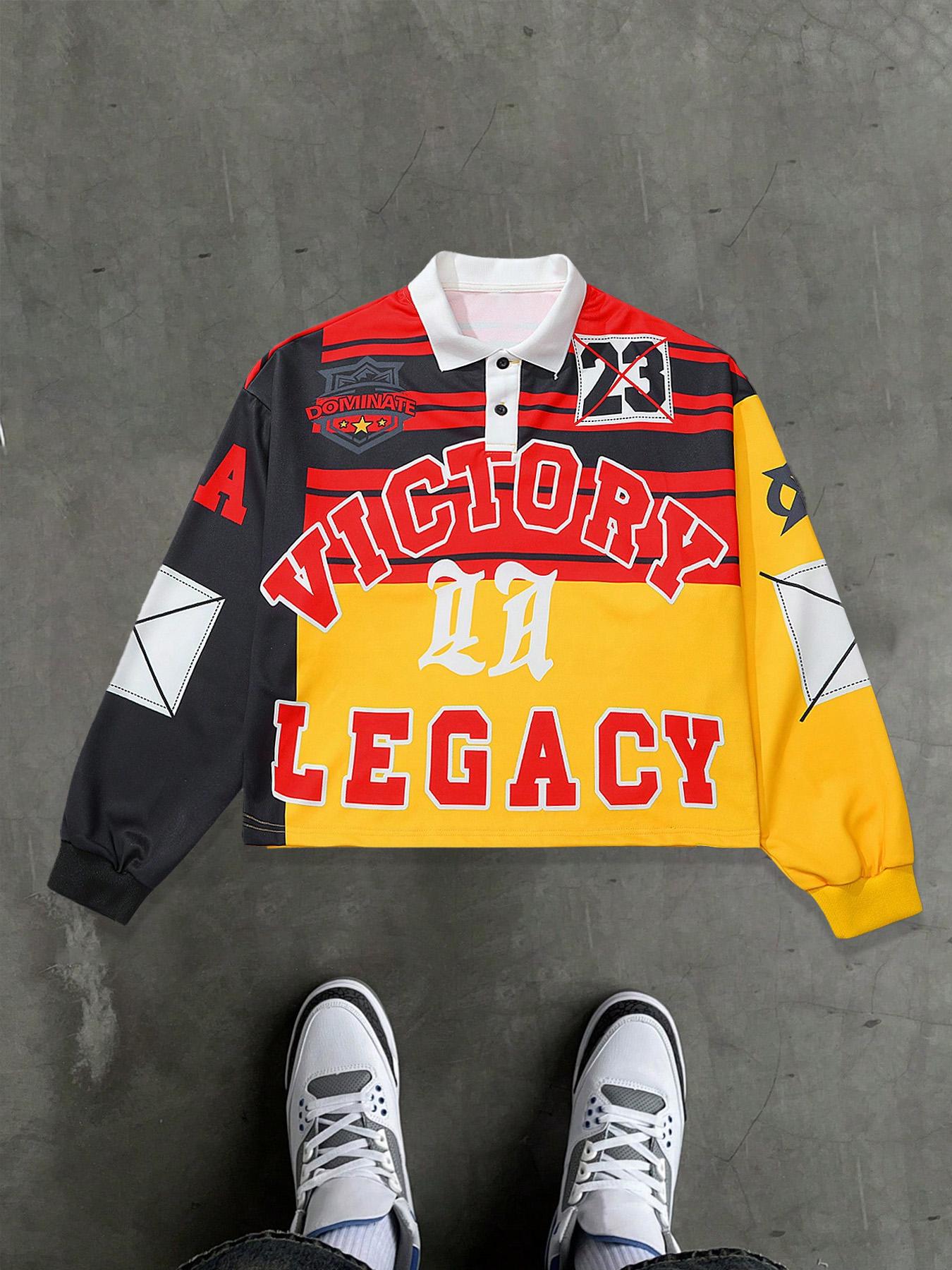 Men's Graphic & Letter Print Loose Fit Granddad Collar Polo Shirts, Sports Preppy Stylish Top For All Seasons, Men's Fall Outfits For Outdoors