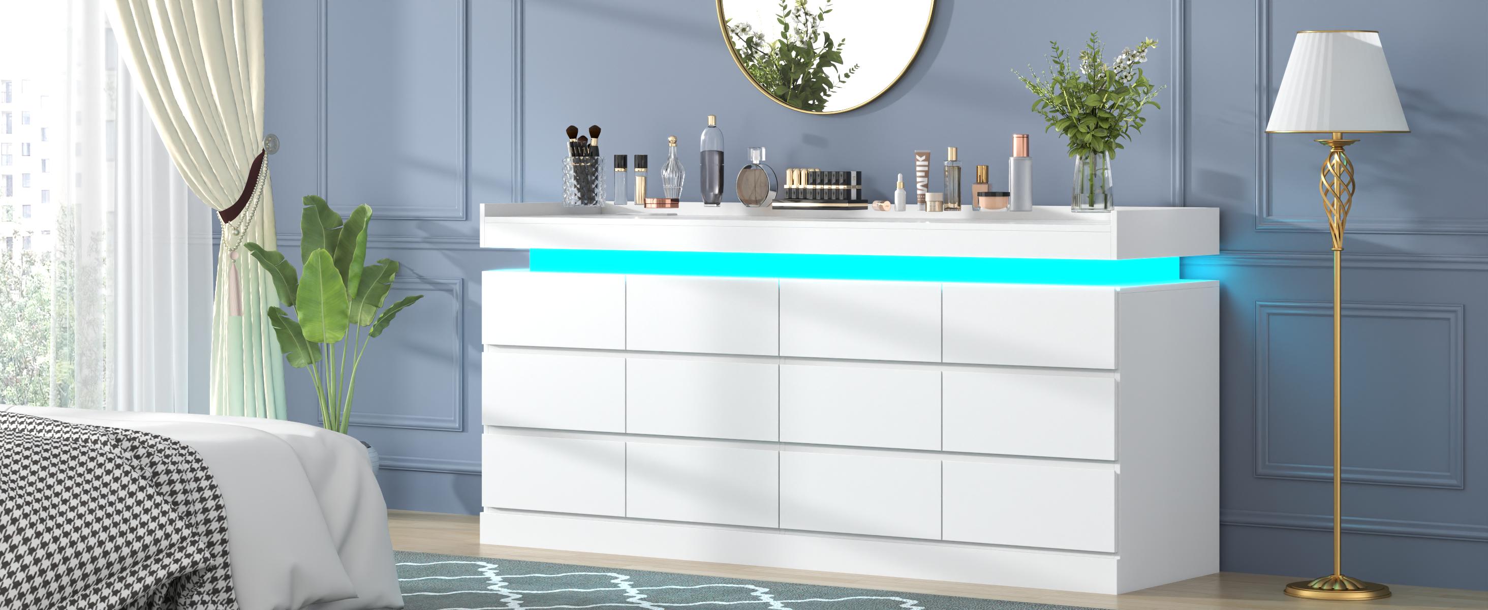 12 Drawer Dresser with Power Outlet, Dresser with LED Light, Modern Chest of Drawers for Closet, Double Wide Drawer Organizer Cabinet cicada  drawer nursery  dresser living room drawer