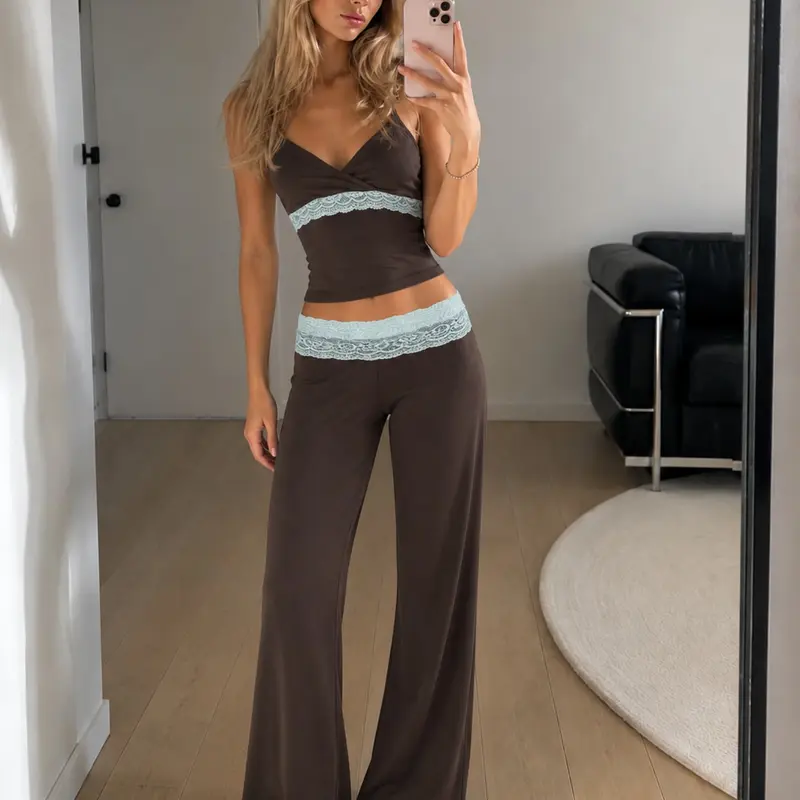 European and American Style Sexy Colorblock Lace Patchwork Casual Set, Women's Slim Fit Short V-Neck Halter Top & Loose Straight Pants