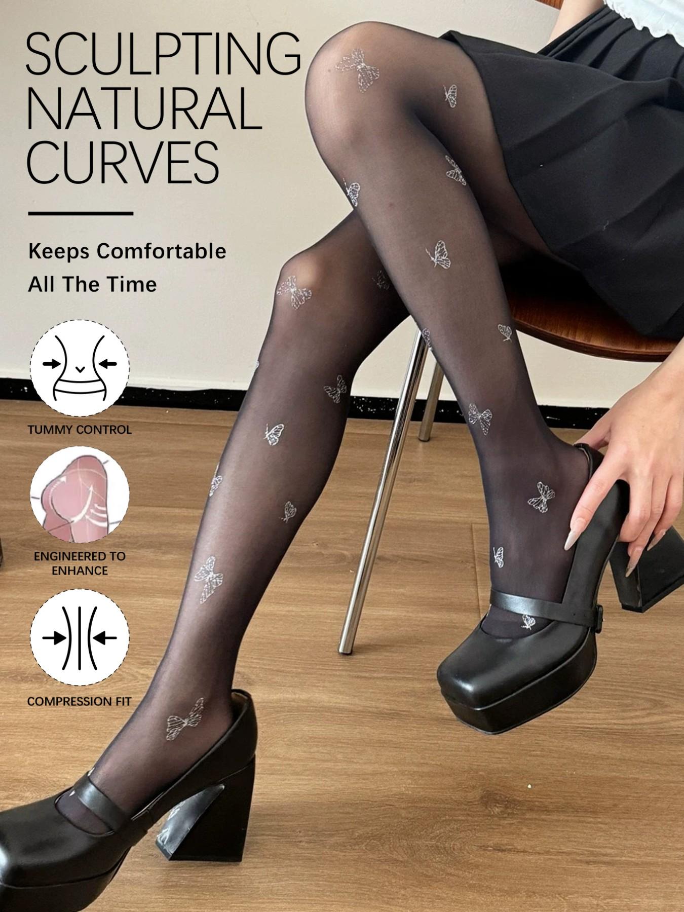 Sweet Silver Color Butterfly Pattern Stockings, Ultra-Thin Slimming Pantyhose, Elegant Fitted Mesh Stockings, Women's Fashion Socks
