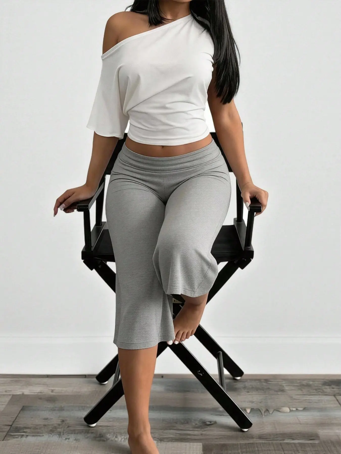 Women's Heather Grey Wide Waist Side Pocket Capri Flare Pants, Soft Knit Loose Mid-Calf Casual Bottoms