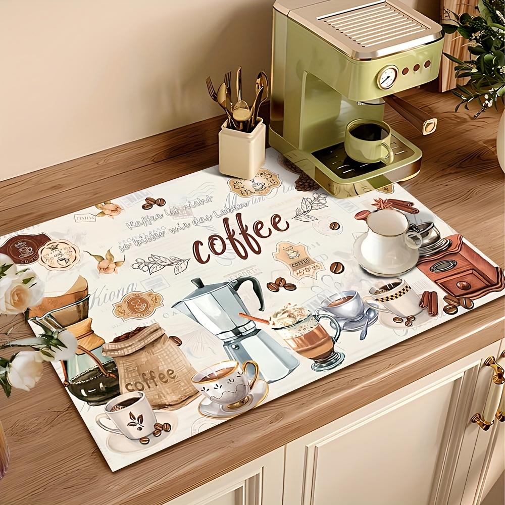 1pcs, Tableware drying pad, coffee machine pad, Coffee table mat, drying pad with watercolor retro coffee machine and cup design, polyester fiber - durable, highly absorbent, easy to clean drying pad, desktop decorative pad