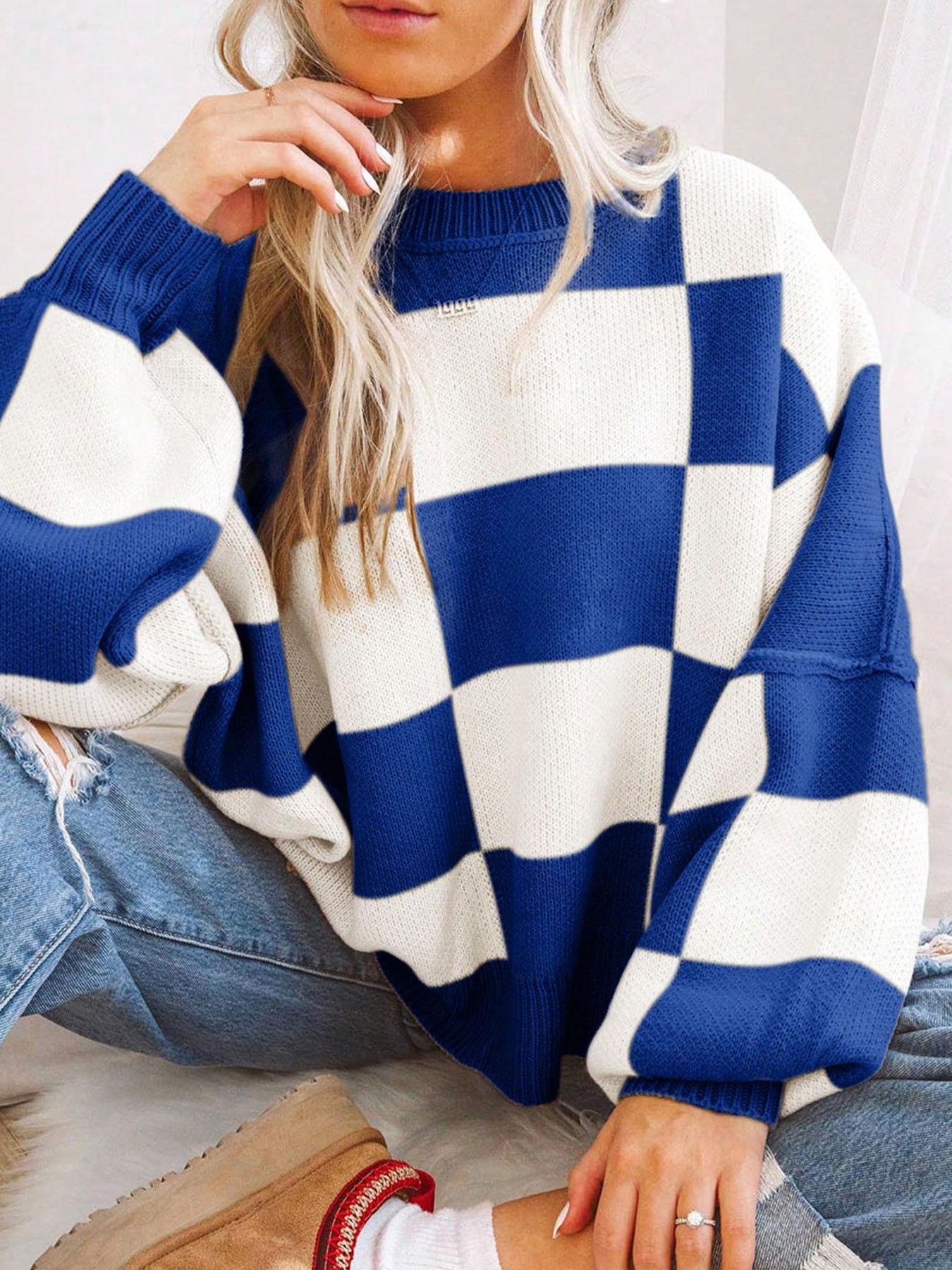Plus Size Plaid Drop-Shoulder Knitted Sweater, Casual Long-Sleeve Knitwear Womenswear for Fall & Winter, Loose-Fitting Round Neck Pullover for Women
