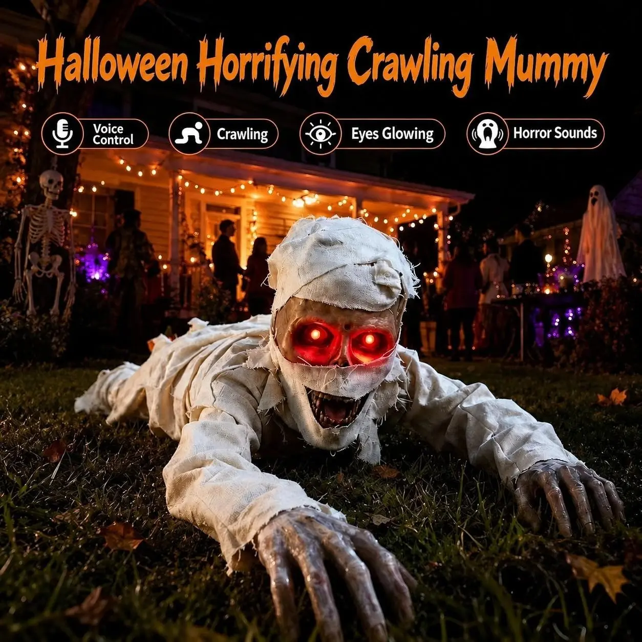 Halloween Long Hair/bald/crawling Mummy with Glowing Eyes, Terrifying Sound, Voice-Controlled, Electric Crawling, Decorative Prop, Atmosphere Decoration, Party Decorations