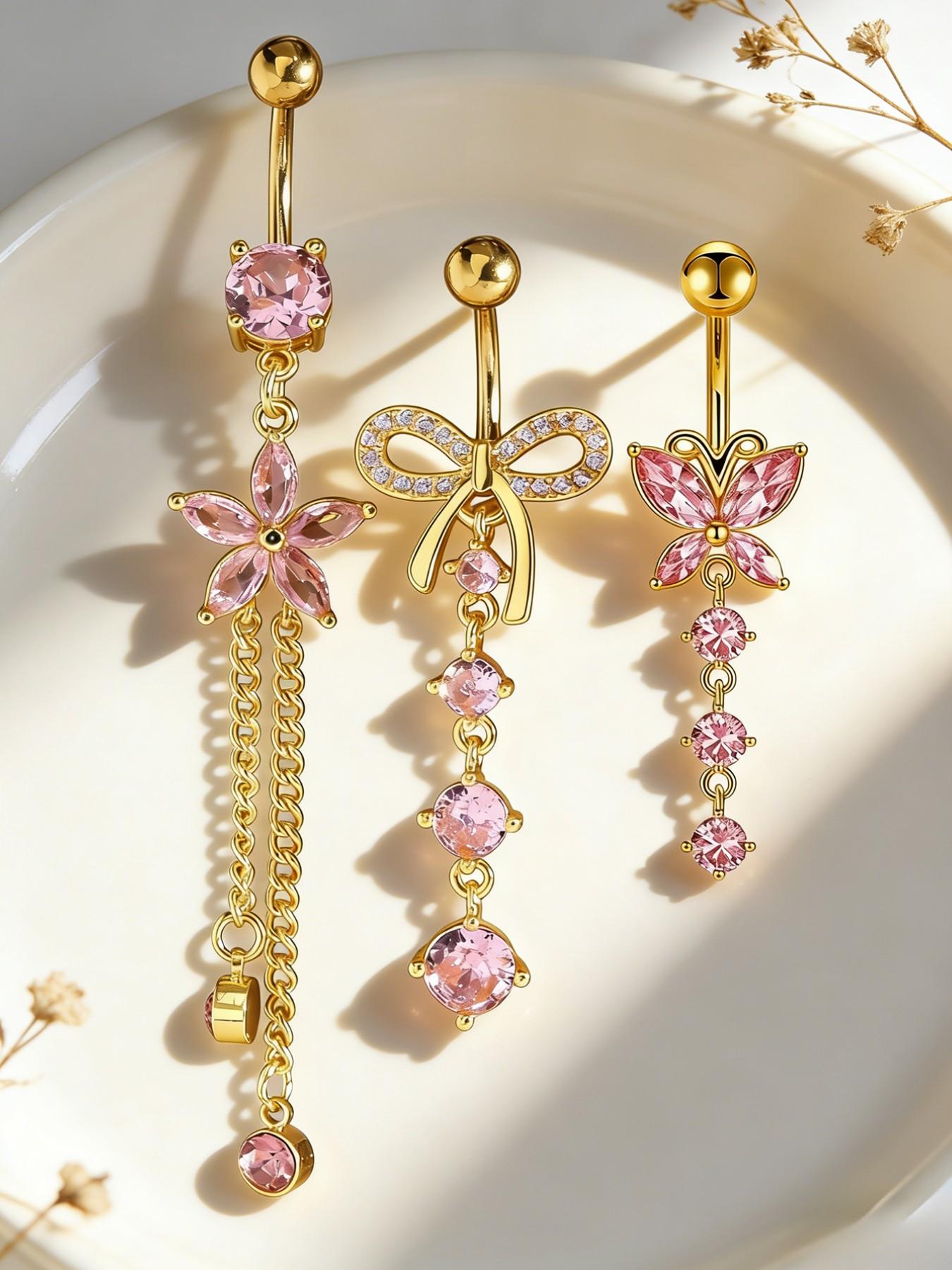 3-Piece Women's Y2K Artificial Zircon Belly Ring Set, Heart Butterfly Flower Teardrop Pendant, Beach Party Fashion Jewelry, Belly Piercing Jewelry, Body Jewelry, Belly Button Jewelry