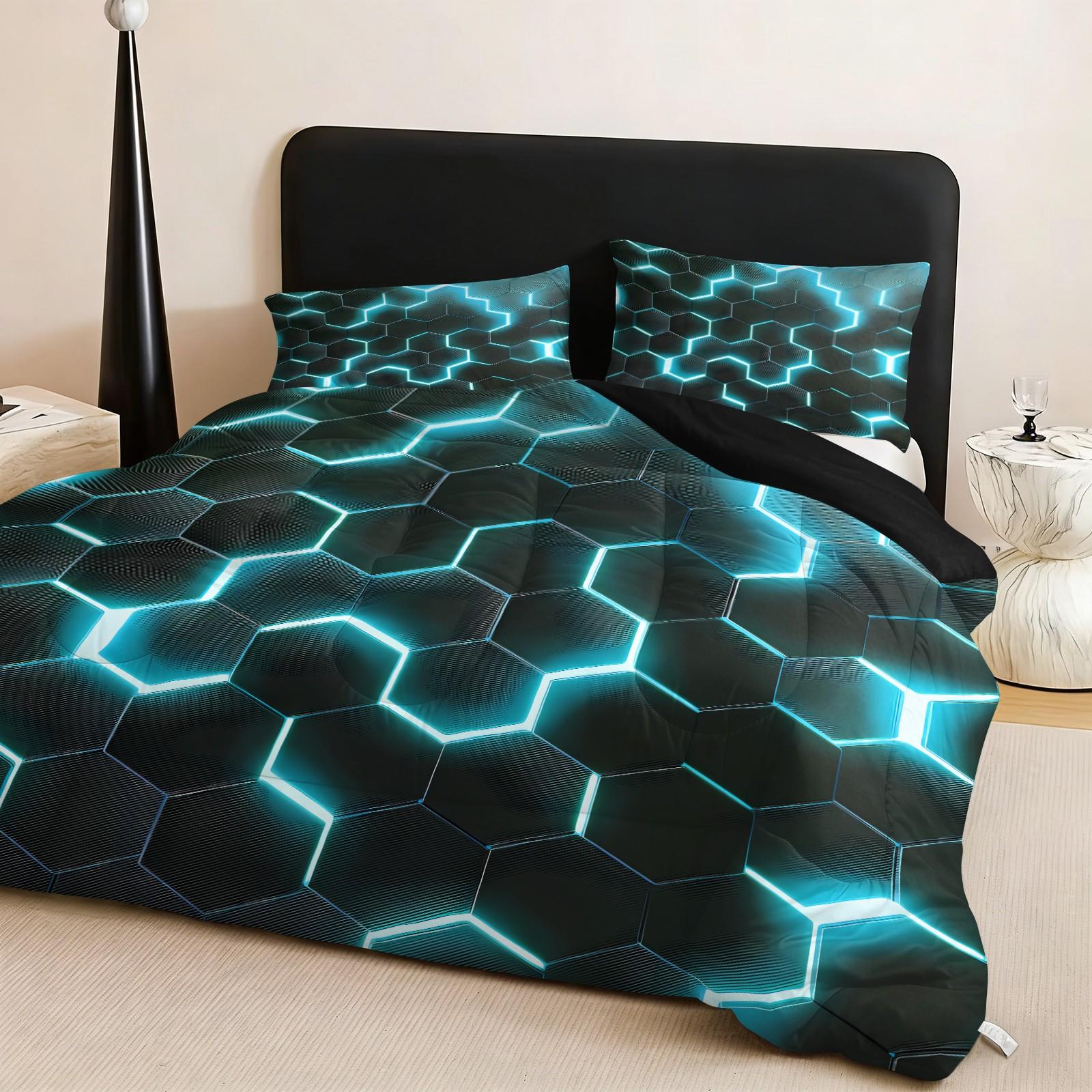 Hexagon Glow Bedding Set, Includes 1 Comforter & 2 Pillowcases, Cyberpunk Tech Decor, Synthetic Fiber Material, Home Bedroom Essentials