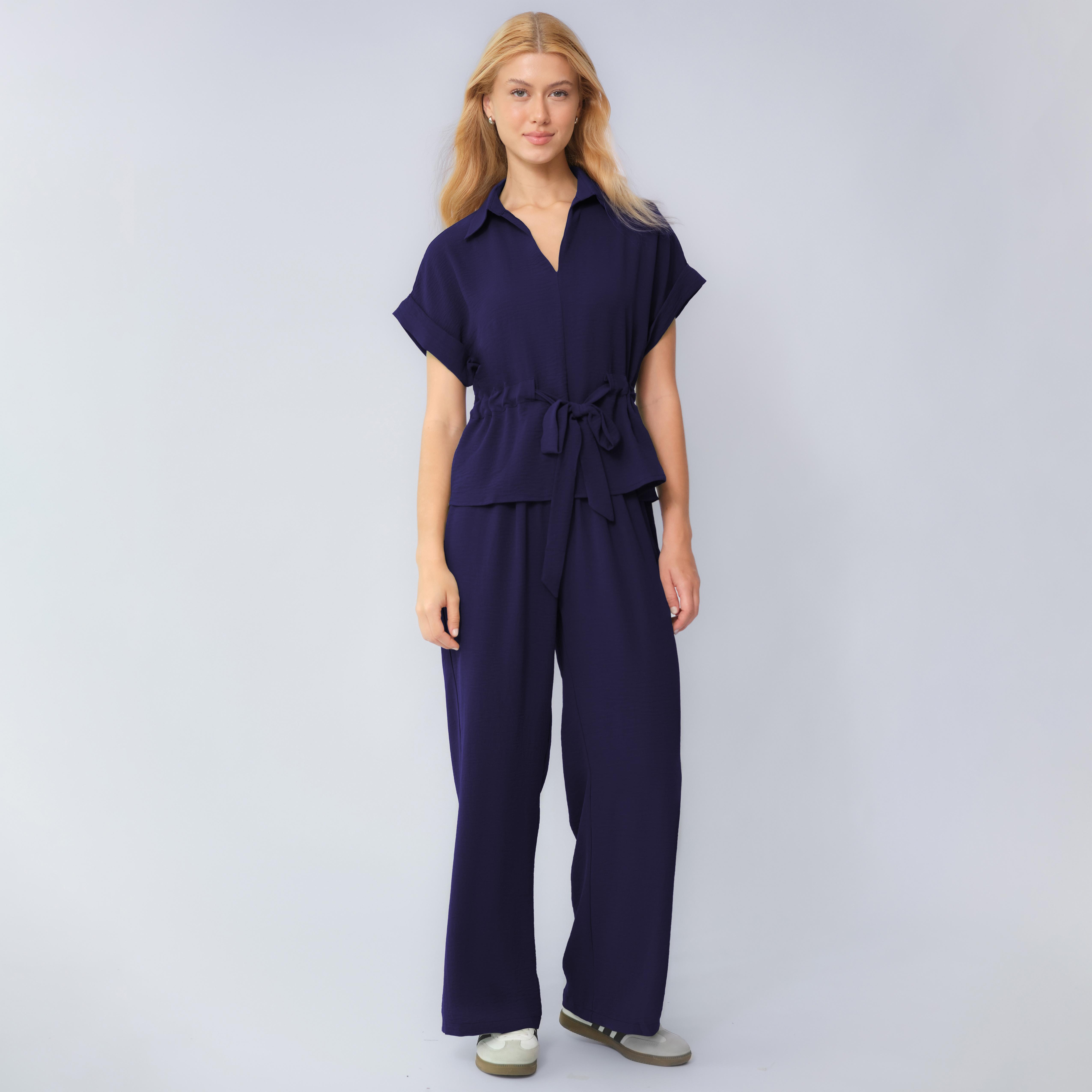 Two-Piece Set Women's Solid Versatile Minimalist Collared Top & Wide Leg Trousers, Casual Rolled-Up Short Sleeve Top & Pants for Daily Wear, Ladies Clothes for All Seasons, Suits