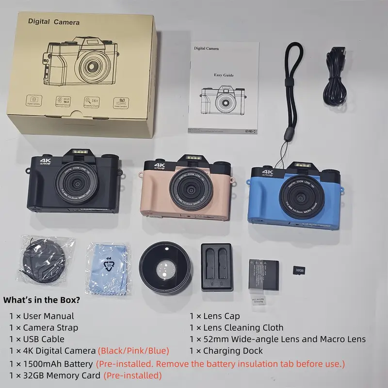 Product Introduction of GLOBAL PICK 4K Digital Camera with 180° Flip Screen, 16X Digital Zoom Vlogging Camera, Autofocus Camera, Including Wide Angle & Macro Lens, 32GB TF Card, Ideal Gift Choice, Photographic Kit 142