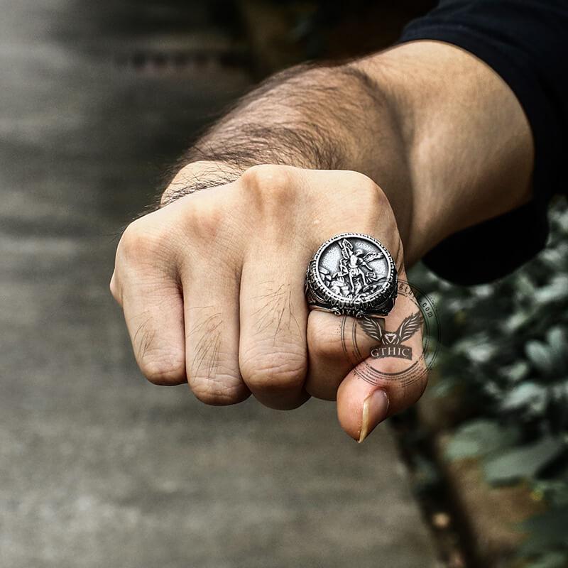 GTHIC Archangel Saint Michael Stainless Steel Men’s Ring Handcrafted For Men Birthday Gift