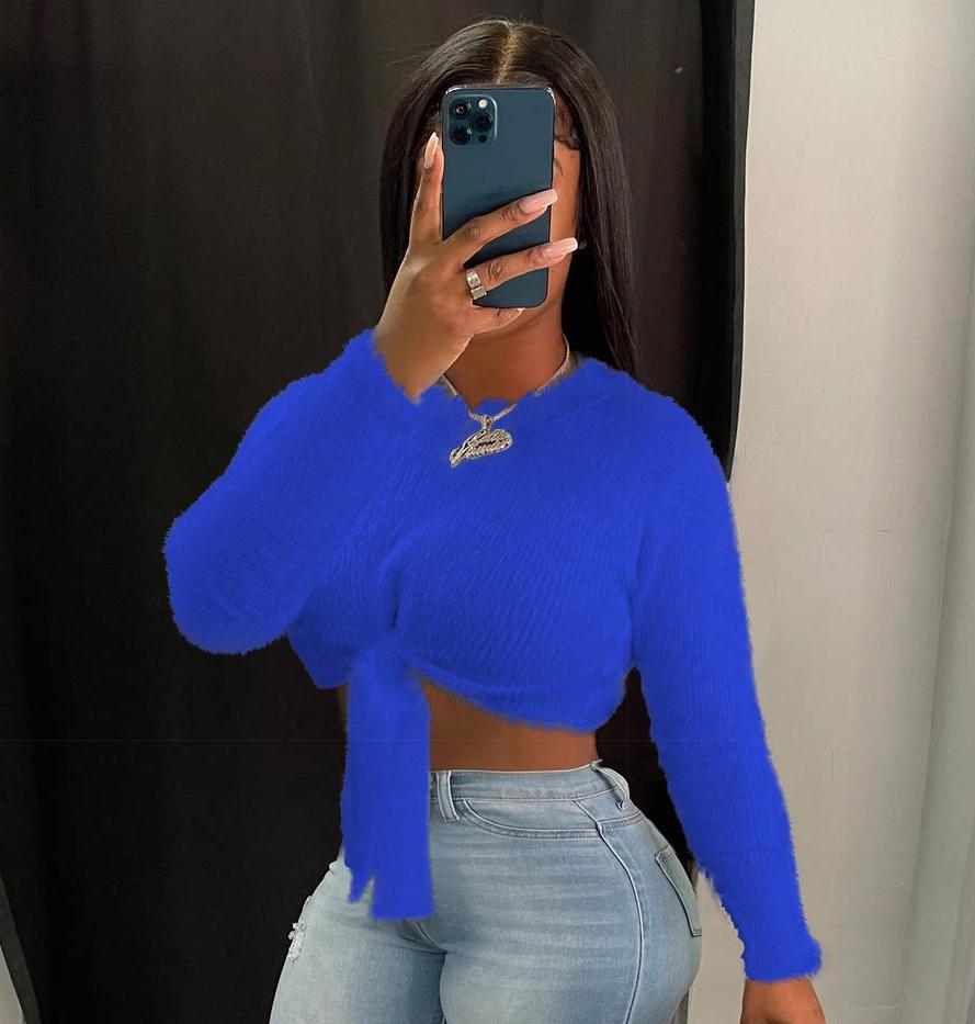 USBoutique Chic Women's Solid Tie Front Crop Plush Sweater, Casual Chic Long Sleeve Round Neck Jumper for Fall & Winter, Fashion Ladies' Tops Knitwear for Daily Wear, Sweaters for Women