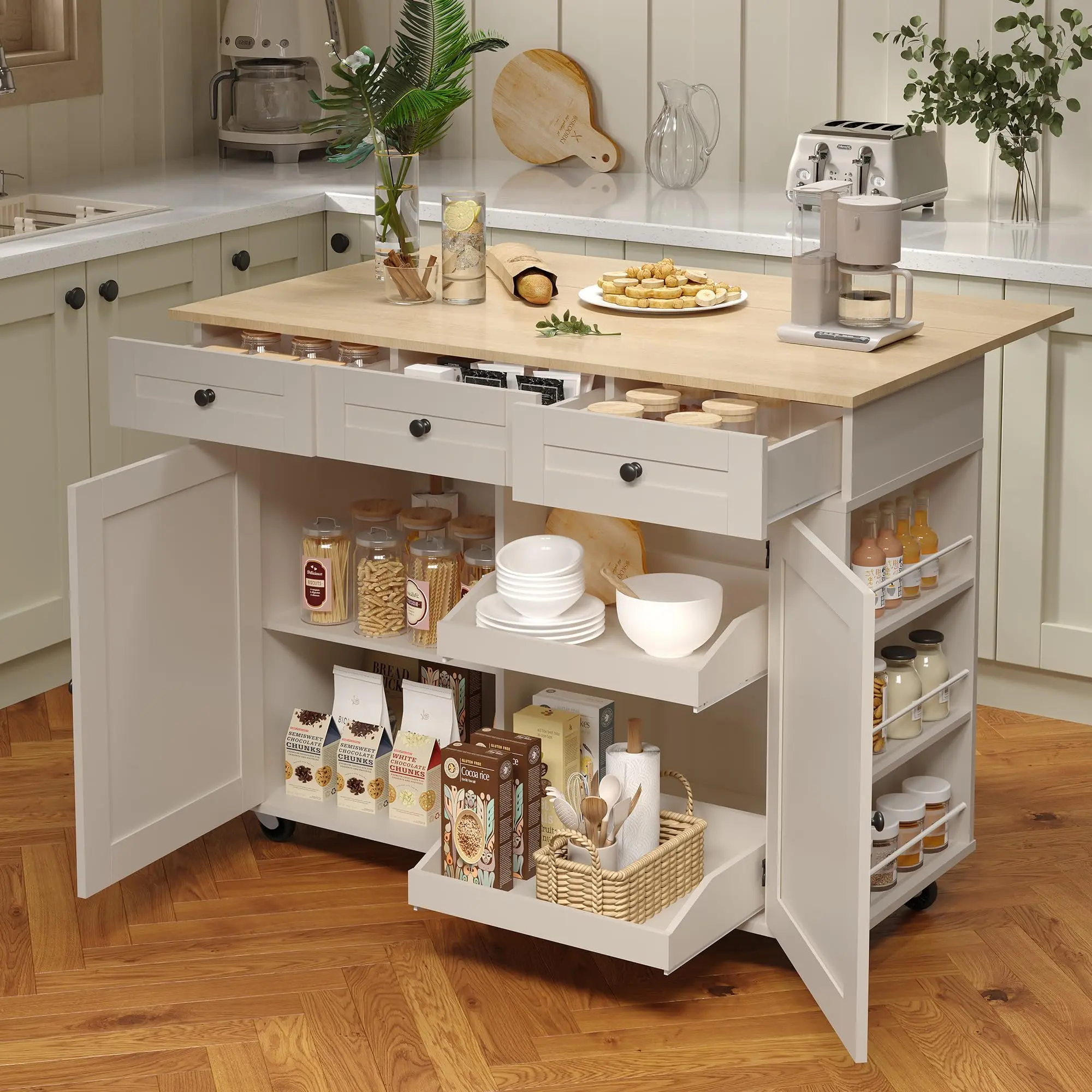 47.2" Mobile Kitchen Island with Drop Leaf Countertop, Charging Station & Ample Storage, Rolling Kitchen Cart on Wheels with Pull-Out Shelves, Drawers, Spice Rack & Organizer Divider
