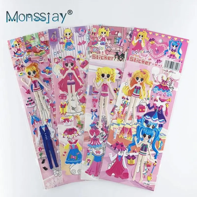 4 Sheets/Set Dressup Girl Cute DIY Stickers for Girls 3D Cartoon Princess Dress Up Sticker Funny Educational Toy