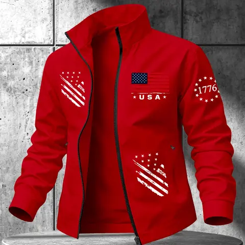 Men's USA Flag Retro Jacket, Casual Zipper Outerwear, Casual Outdoor Menswear, Daily and Festival Wear, Long Sleeve Fitted Sporty Style, Available in 6 Colors