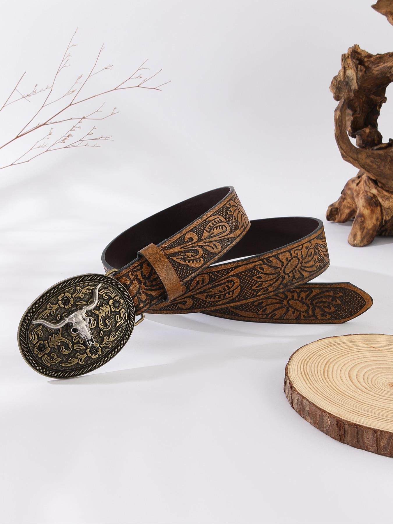 Vintage Flowers Embossed Western Belt with Cow Decor Buckle, Western Belt Buckles, Fashion All-match Cowboy Waistband for Jeans, Trendy Accessories for Daily Life