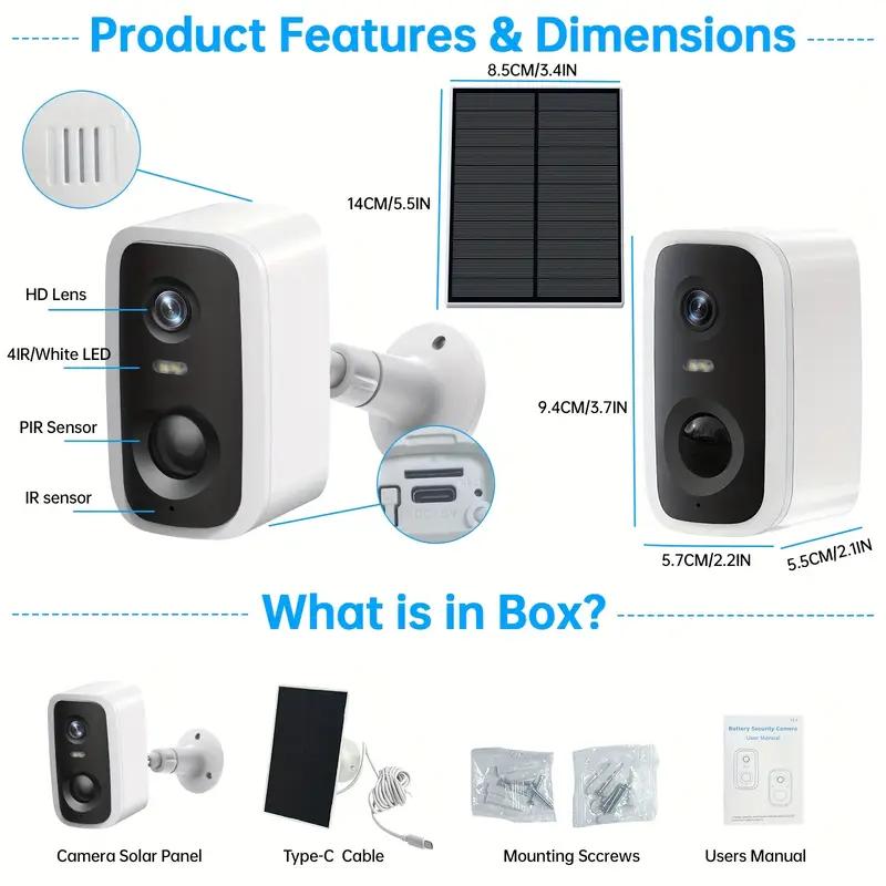 Solar Security Camera for Indoor Outdoor, Rechargeable Battery, 2K Waterproof HD Color Night Vision Camera, Human Detection, Automatic Alarm