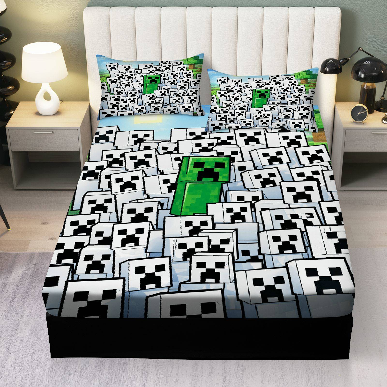3Pcs Pixel Creeper Gaming Fitted sheet Three Piece Set (1*Fitted Sheet+2*Pillowcases, Coreless), Halloween theme, Minecraft Bedding Set, Mattress protector Soft, Breathable