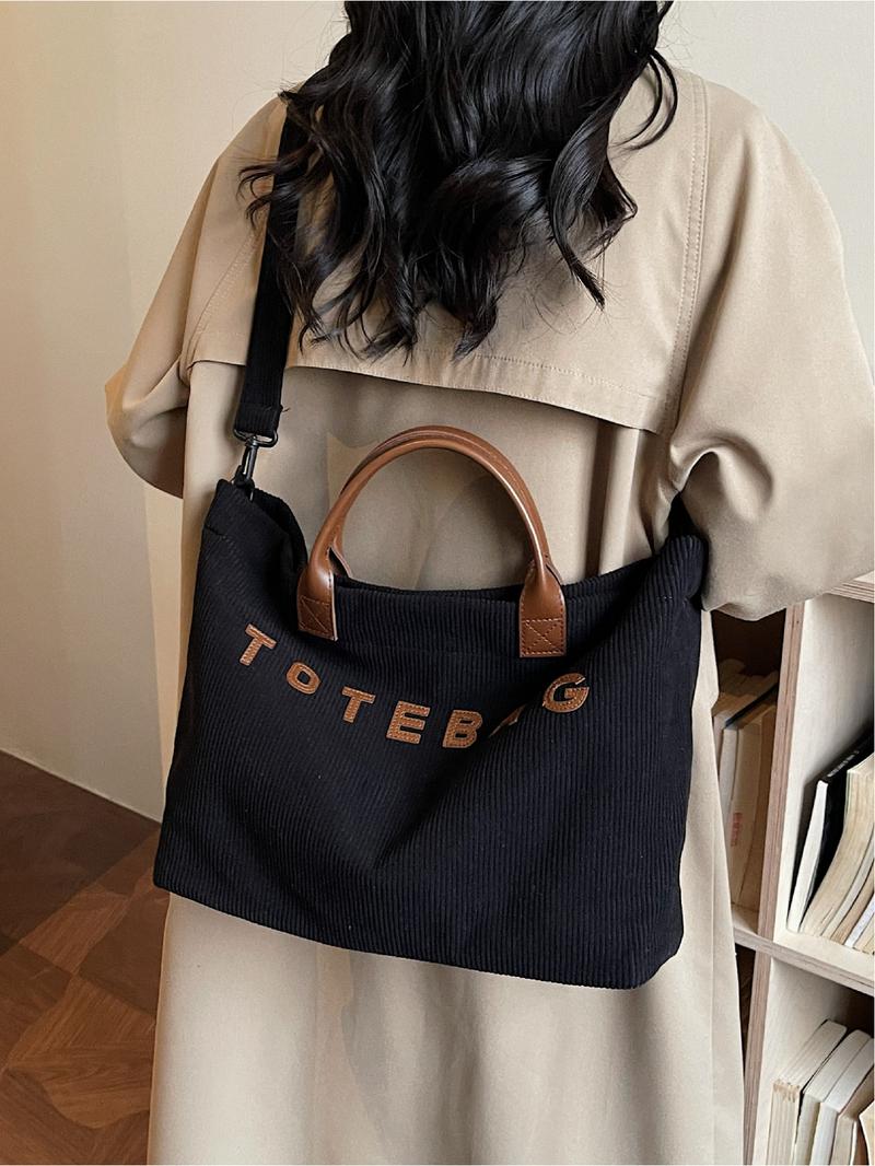 Large Capacity Tote Bag for Women, Casual Letter Decorated Shoulder Crossbody Commuter Handbag, Stylish Everyday Use, Slouchy Tote
