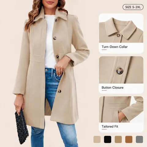 Imily Bela Women's Elegant Single Breasted Coat Long Sleeve Mid Winter Overcoat Work Office Pea Coats