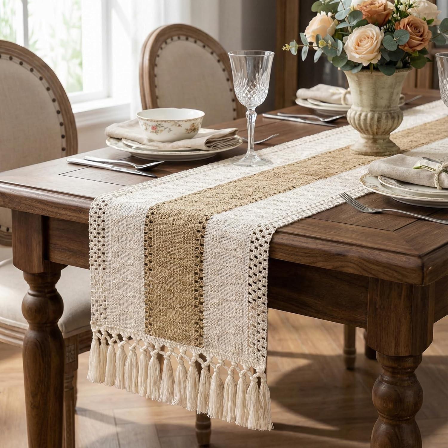 Macrame Table Runner Boho Table Runners with Tassels Hand Woven Cotton Table Runner Rustic Farmhouse Table Runners for Bohemian Kitchen Dining Table(30x183cm/12x72in)