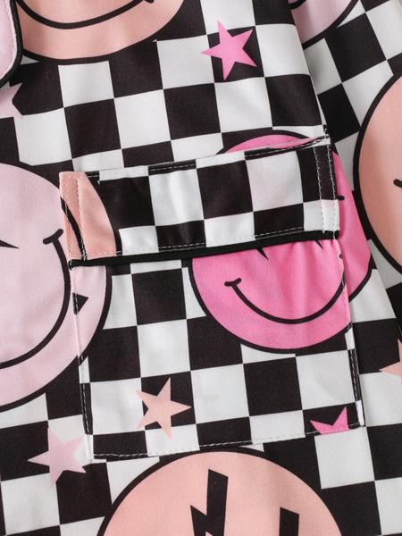 Women's Christmas Plaid Smiley Face Print Pajama Set, Lightweight Button-Up Long Sleeve Top & Pants, Casual Fitted Sleepwear