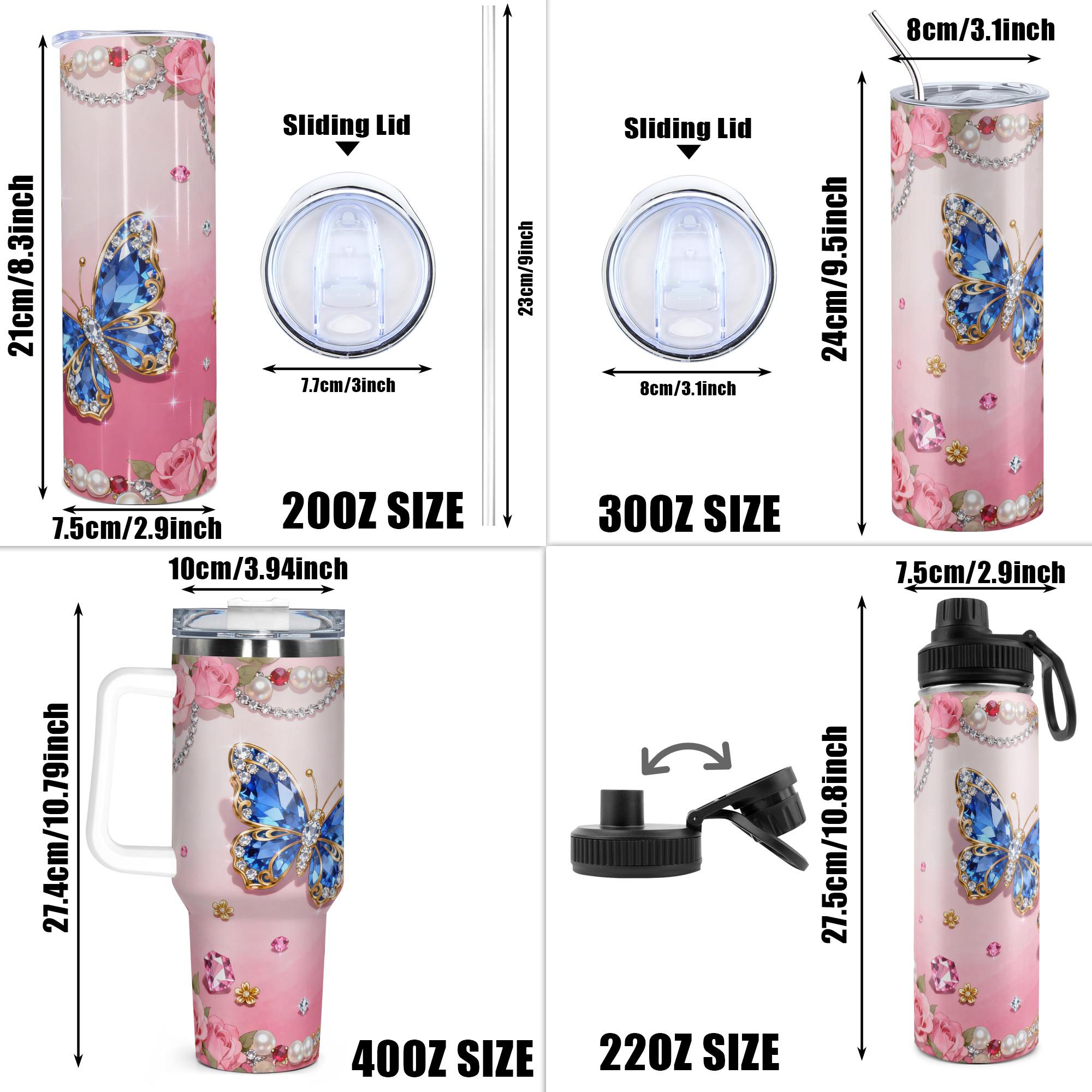 1pc, 40oz/30oz/20oz/14oz Stainless Steel Cup Insulated Water Cup Blue Gem Butterfly & Rose Adorned Double Wall Vacuum Insulated Cup, Leakproof Lid & Carry Handle Travel Mug Insulated Tumbler for Outdoor Camping Hiking, Gift for Dad