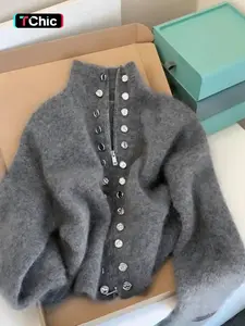 Elegant Chic Women's Knitted High Neck Cardigan, Long Sleeve Ribbed Design, Faux Button Detail, Perfect for Spring & Fall Fashion, Knitwear
