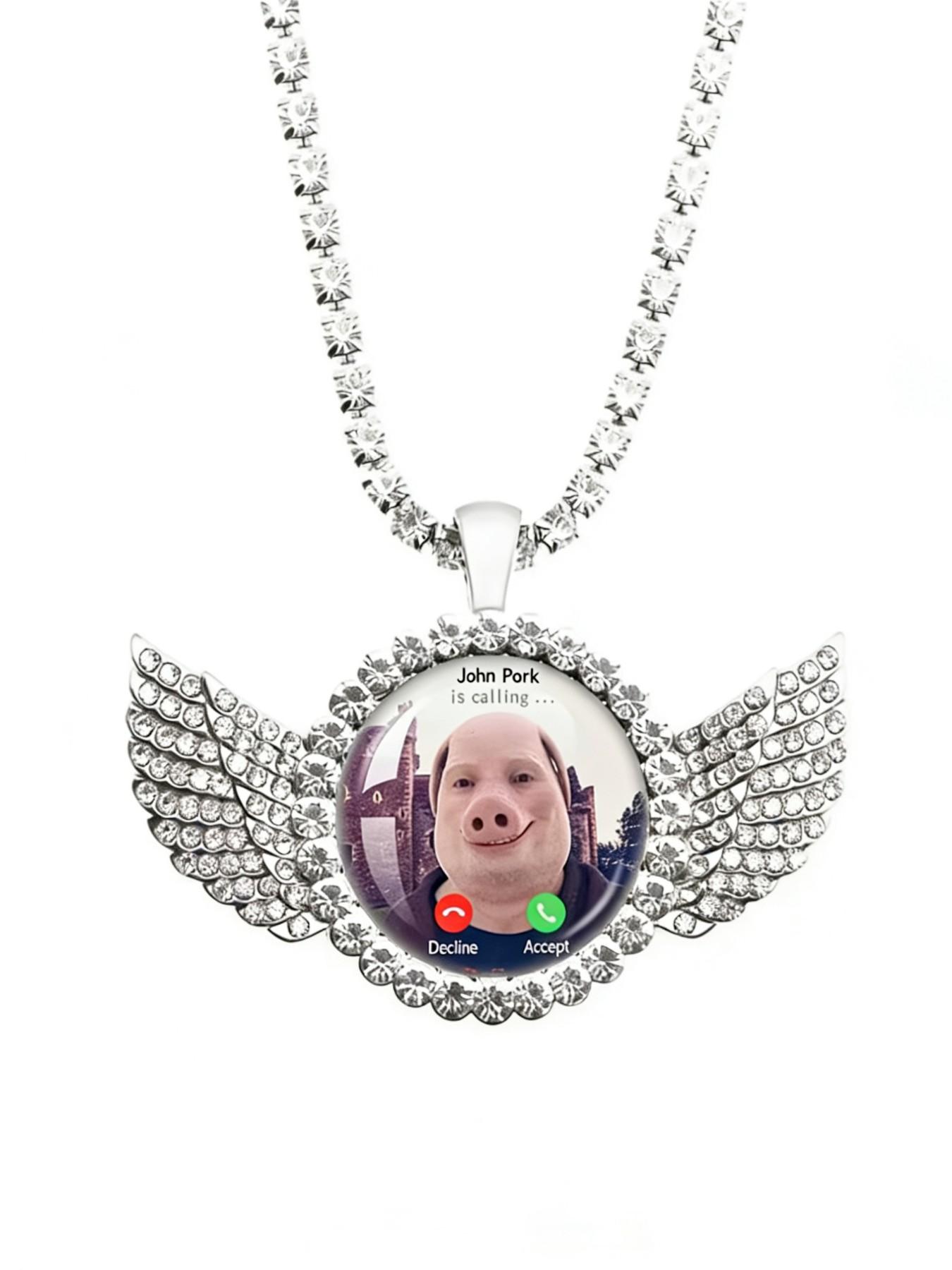 John Pork Calling Necklace, Funny Pig Theme Meme, Phone Call Pendant, Trendy Chain Jewelry, Perfect Gift for Pig Lovers