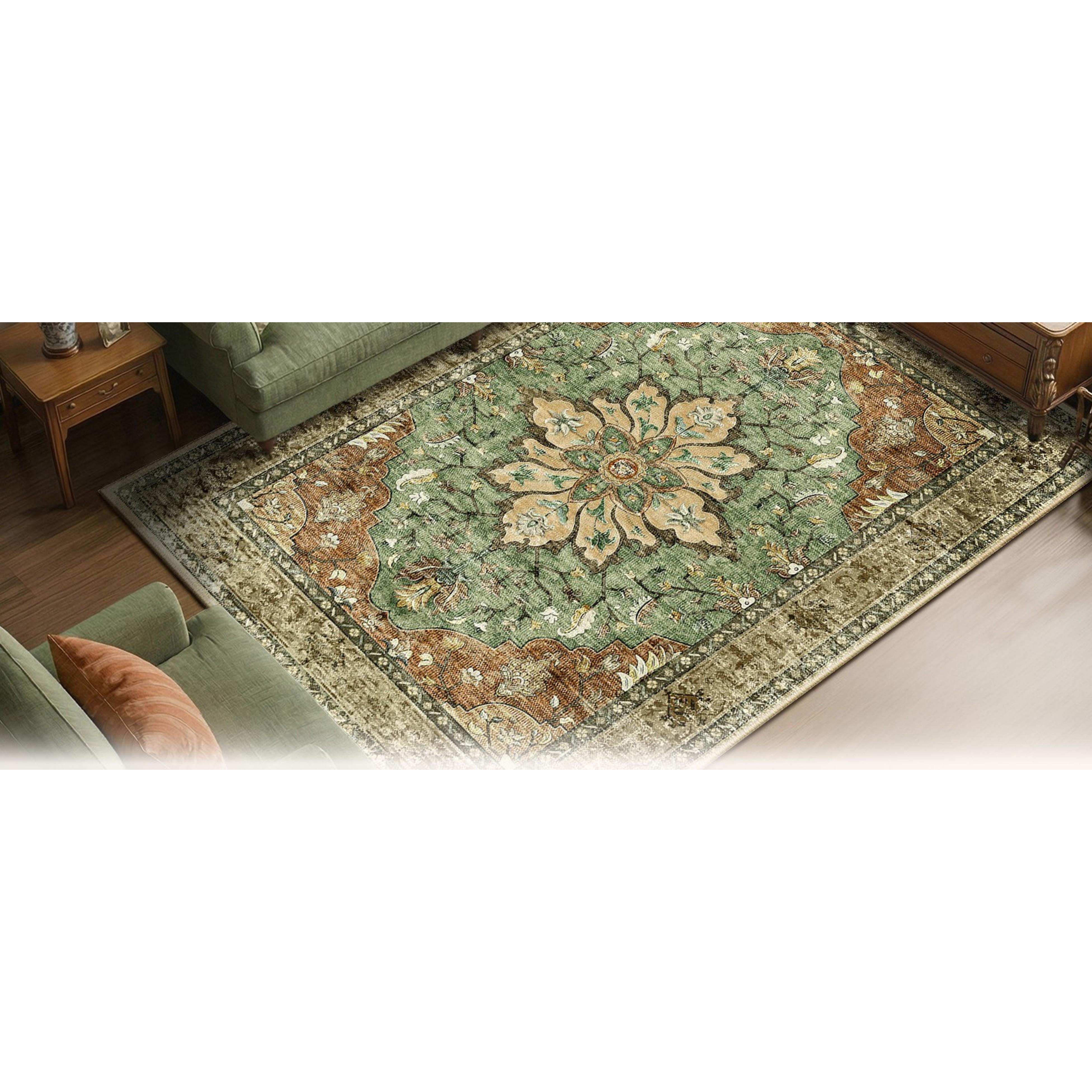 5'x7' Washable Non-Slip Distressed Medallion Area Rug, Floral Vintage Carpet for Living Room, Bedroom, in Terracotta, Burnt Orange, Green