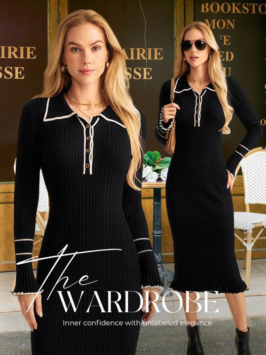 GRACE KARIN Women's Long Sleeve Sweater Dress Elegant Slim Fit V Neck Bodycon Pencil Knit Dress