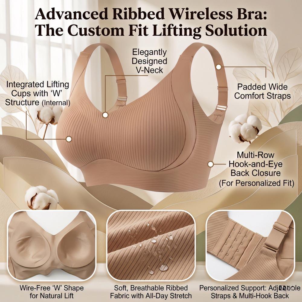 4PCS Solid Seamless Ribbed Push Up Bras, Wirefree Jelly Full Coverage Comfort Everyday Bralette, Plus Size Ultimate Lift Cool Sleep Bra No Padded Underwire