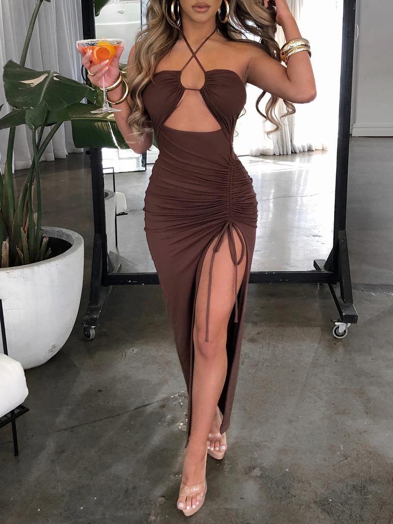 Women's Plain Split Thigh Drawstring Ruched Cami Bodycon Fit Dress, Elegant Cut Out Halter Neck Long Dress for Party Club Dating Wear, Ladies Summer Clothes, Elegant Dress Women