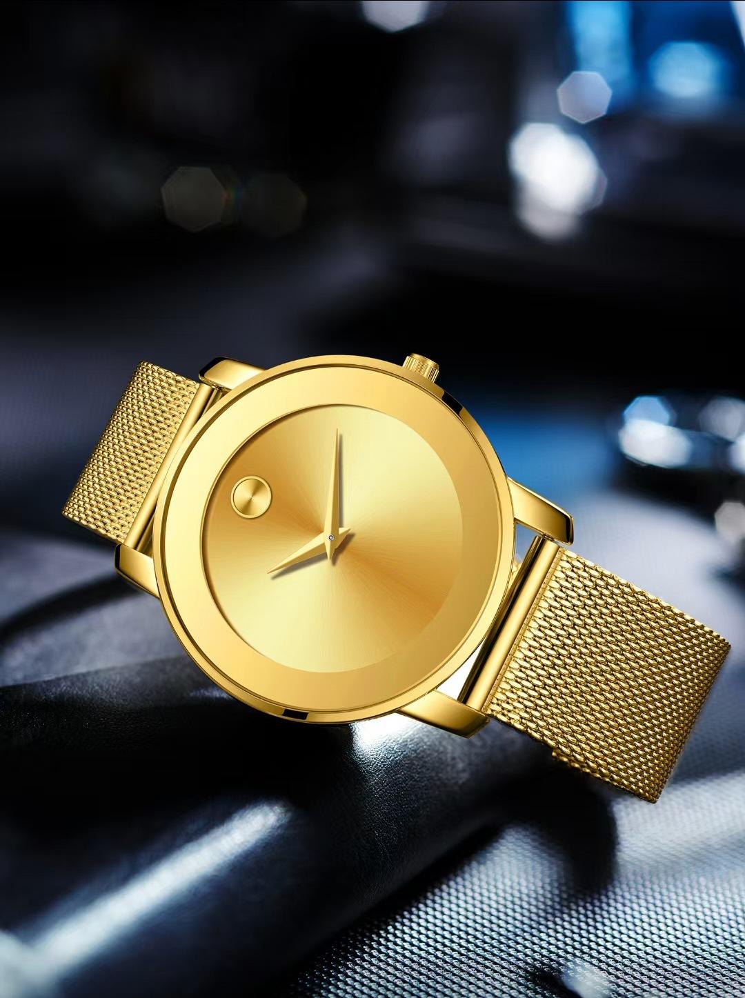 Men's Minimalist Gold Mesh Band Quartz Watch - Sleek No-Number Dial, Water Resistant, Luxury Casual Wristwatch, Perfect Gift for Him