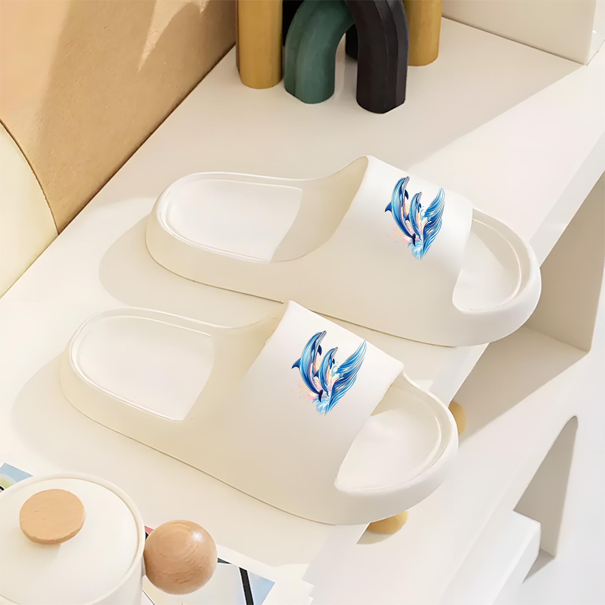 Dolphin Pattern Beach Slippers Women Men Summer Non-slip Soft Sole Quick-drying Lightweight Sandals Casual Outdoor Pool Shoes Flip Flops