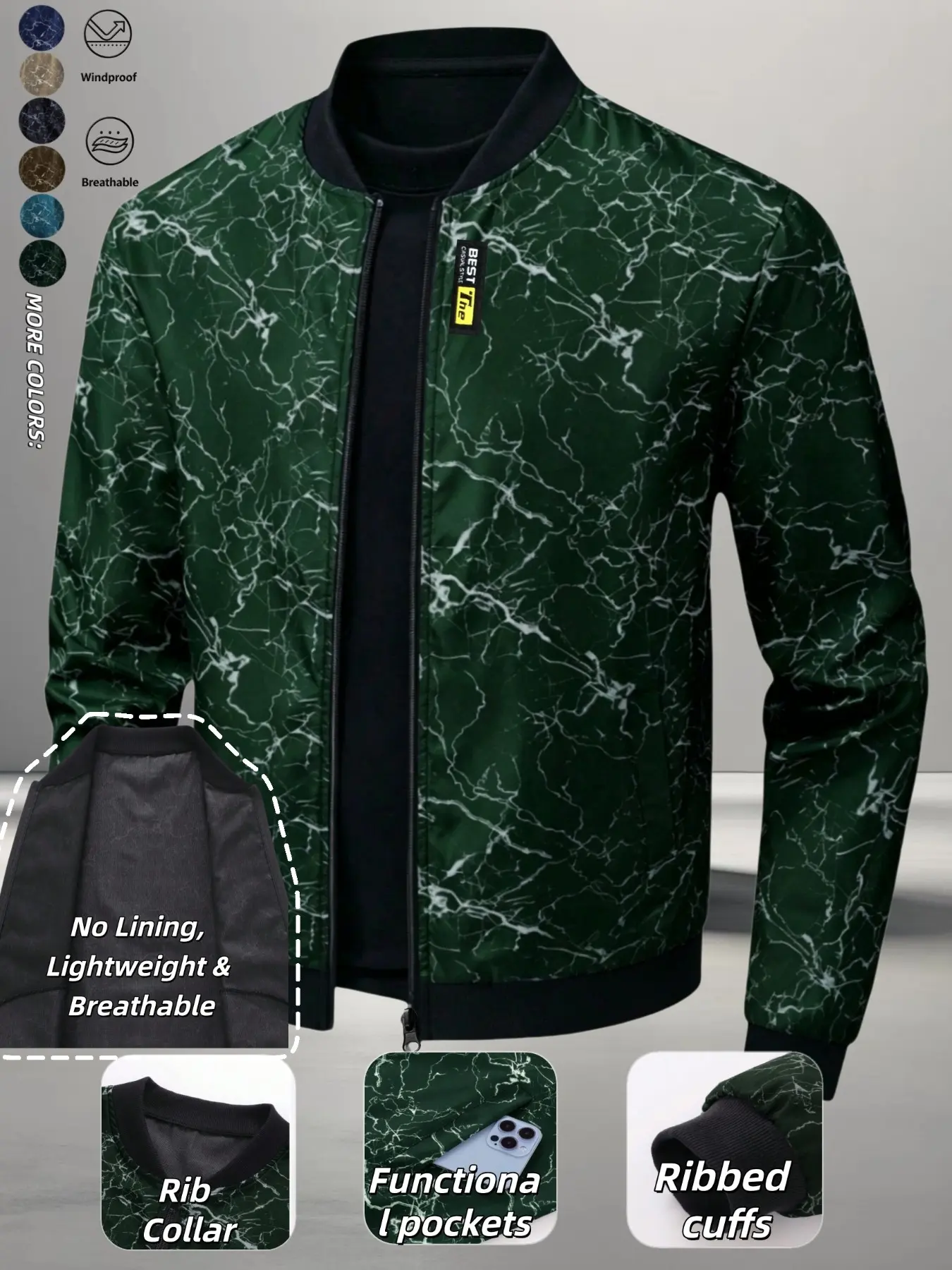 Men's Marble Print Pilot Jacket, Zipper College Style Baseball Coat, Casual Fitted Coat, Ribbed, Casual Streetwear, Windproof Lightweight Outerwear, Long Sleeve, Outdoor Activities, Casual Outerwears