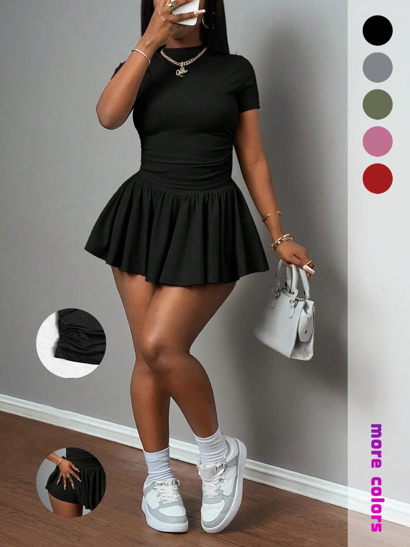 Women's Short Sleeve Dress Set, Chic Fitted Top and Fluffy Skirt Design, Perfect for Dates or Daily Outings