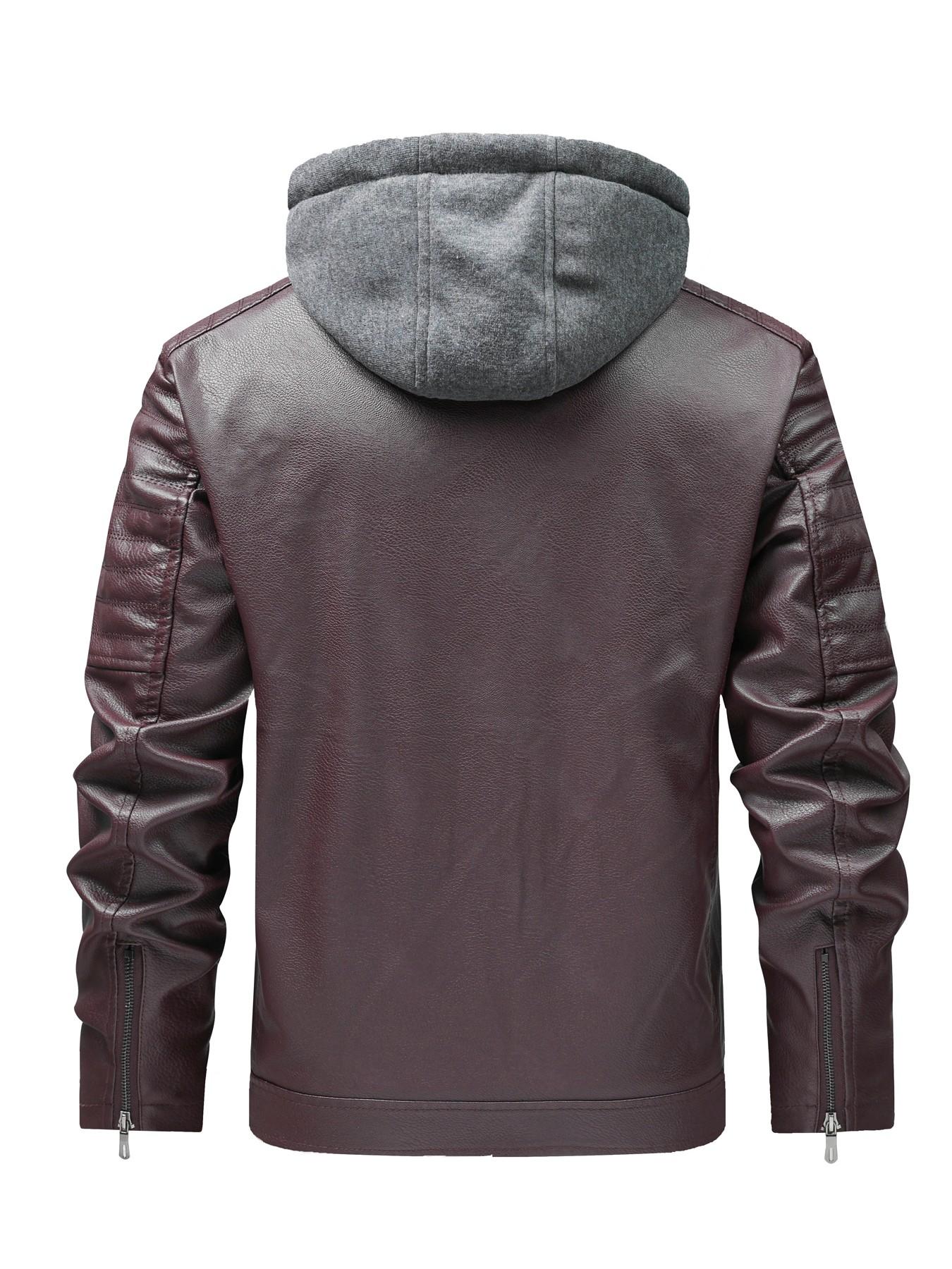 2026 Fall Winter New Plain Color Detachable Hat Leather Jacket Men's Youth Motorcycle Coat, Fleece Lined Hooded Leather Jacket for Men