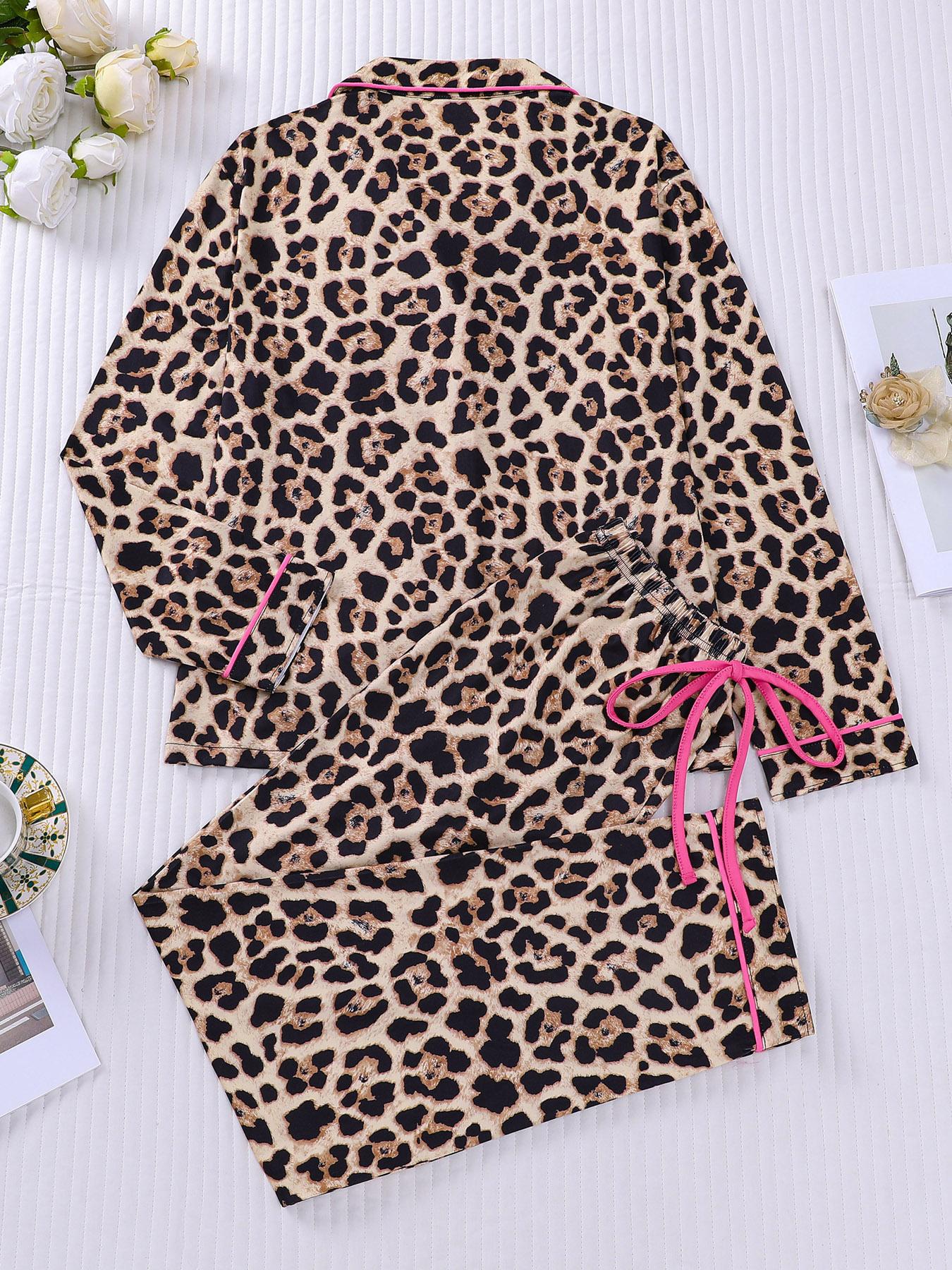 2-piece set full of brown and yellow leopard print long sleeved pants, soft and comfortable, skin friendly and smooth top, small pocket button closure, butterfly bow adjustable waistband, suitable for all seasons home, casual wear, pajamas