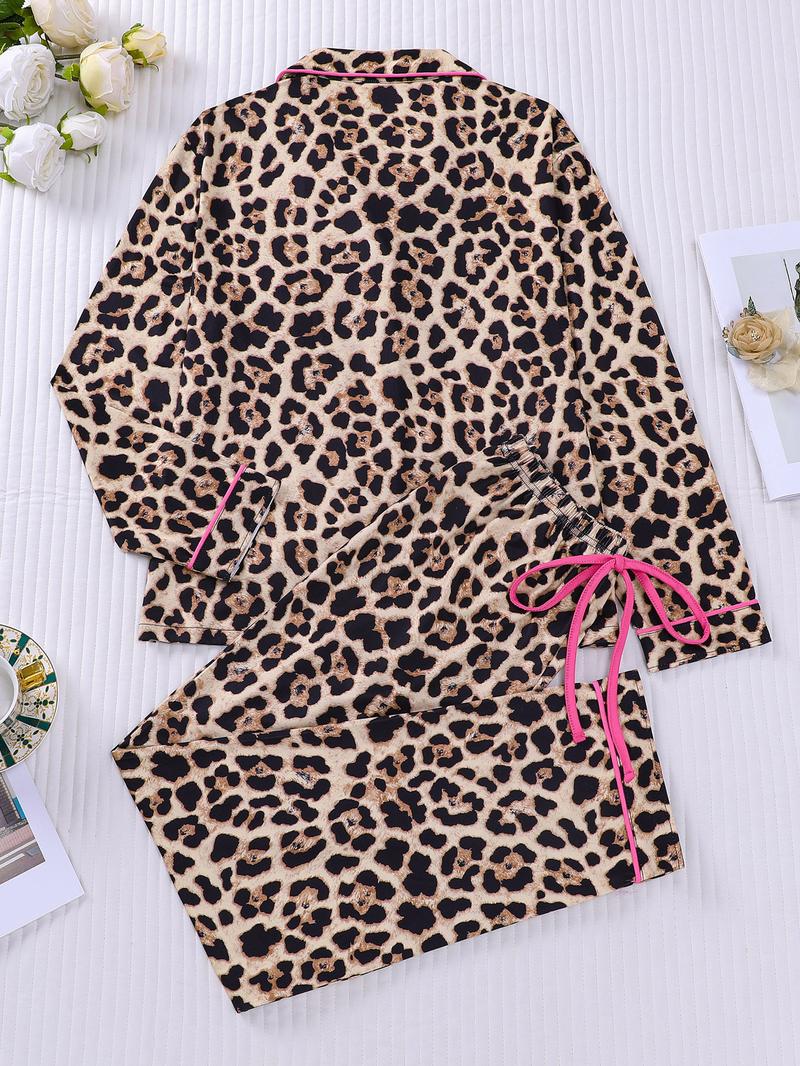 2-piece set full of brown and yellow leopard print long sleeved pants, soft and comfortable, skin friendly and smooth top, small pocket button closure, butterfly bow adjustable waistband, suitable for all seasons home, casual wear, pajamas