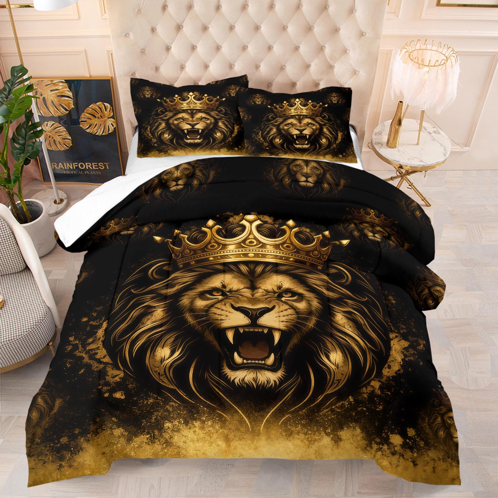 Lion Crown Pattern Comforter Set, Soft And Durable Bedding Set, Including 1 Comforter And 1 Or 2 Pillowcases, Suitable For Children And Adults Daily Holiday Birthday Gifts Bedroom Decorations