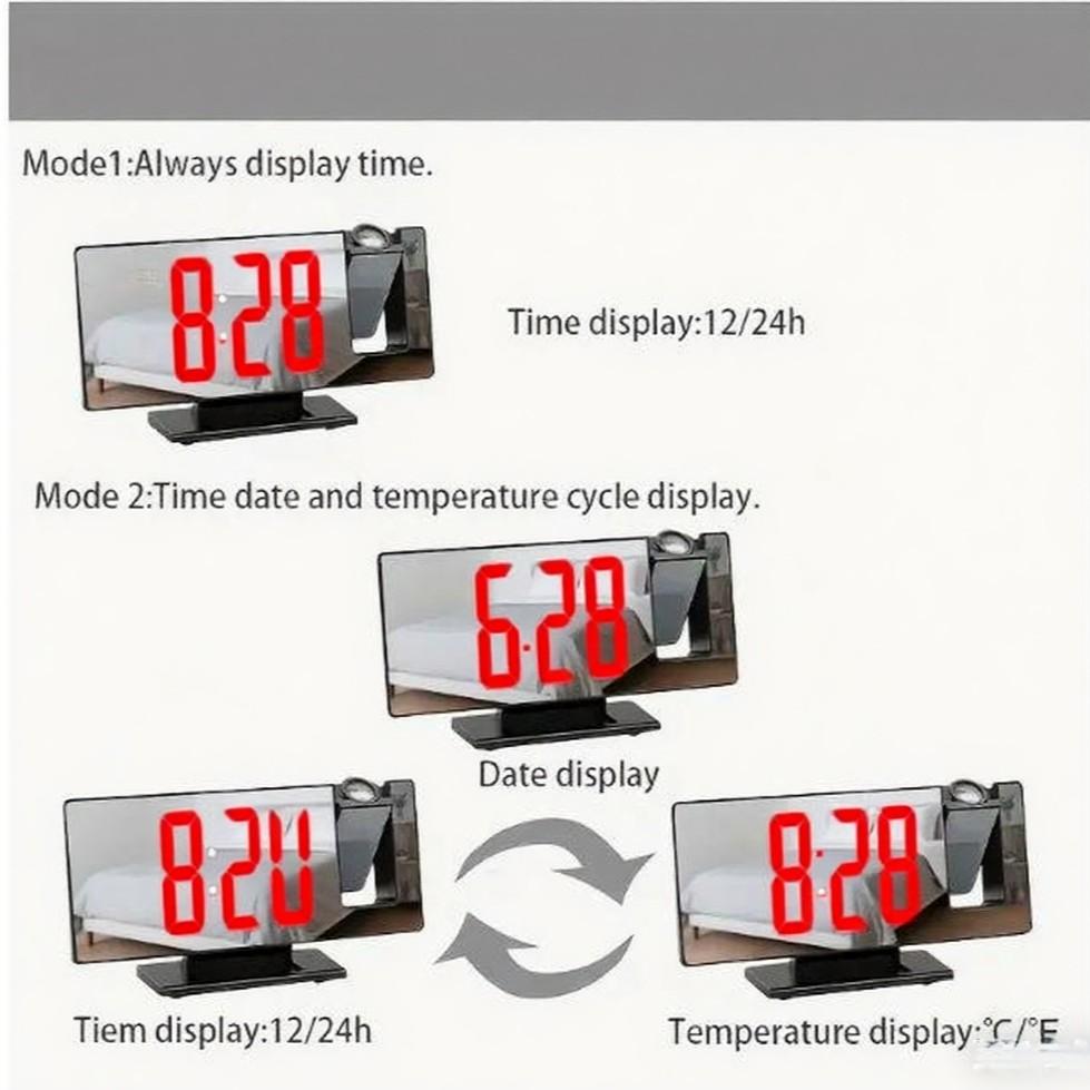 180° arm-extending projection alarm clock, LED projection digital alarm clock with USB interface, tabletop alarm clock, home decoration, suitable for bedrooms, deep sleepers, luminescent, mirror, Multifunctional alarm clock