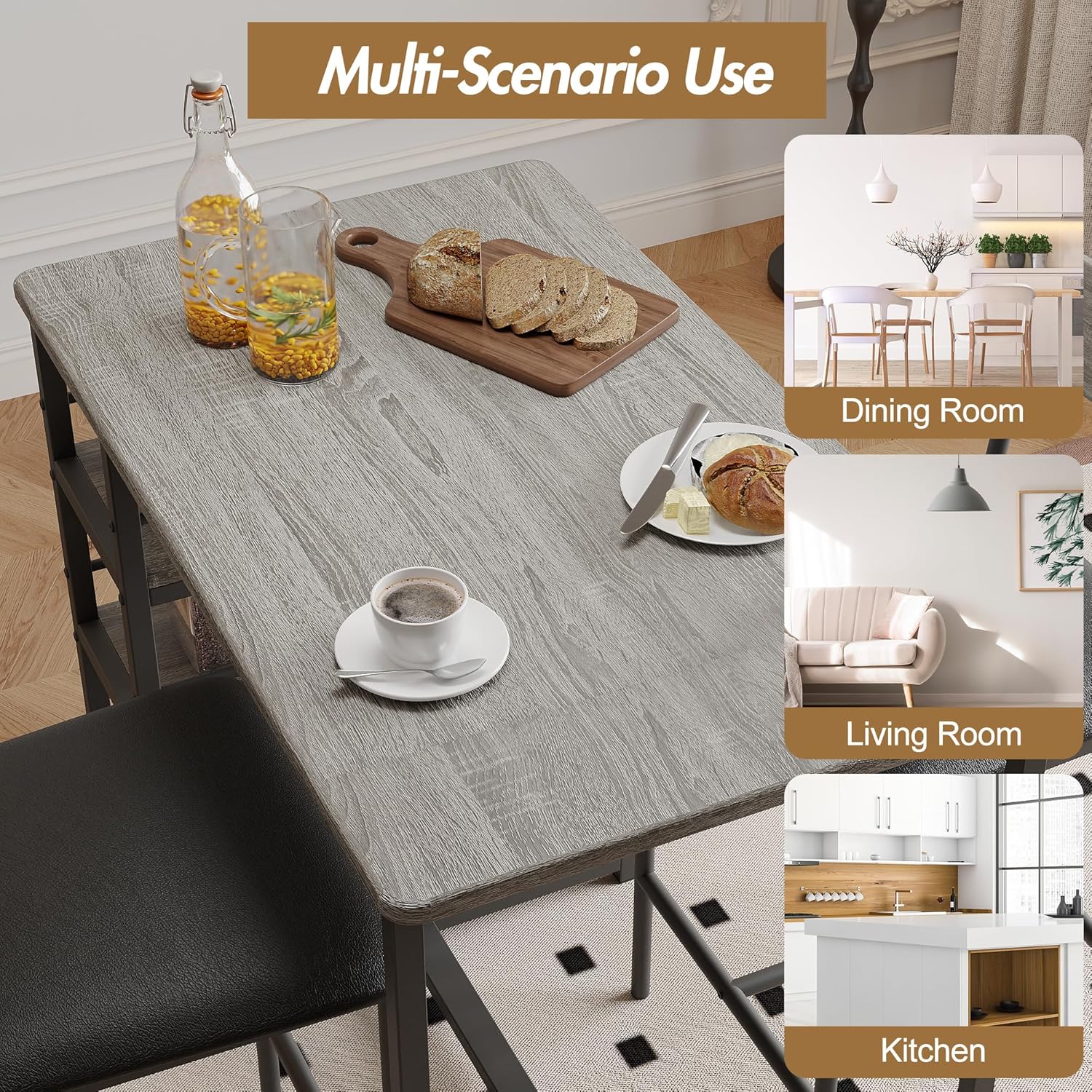 3-Piece Double Bar Table Set with 3-Tier Storage Shelves, Compact Kitchen Dining Table Set with 2 Upholstered Stools, Space-Saving Breakfast Nook for Kitchens, Taverns, Apartments