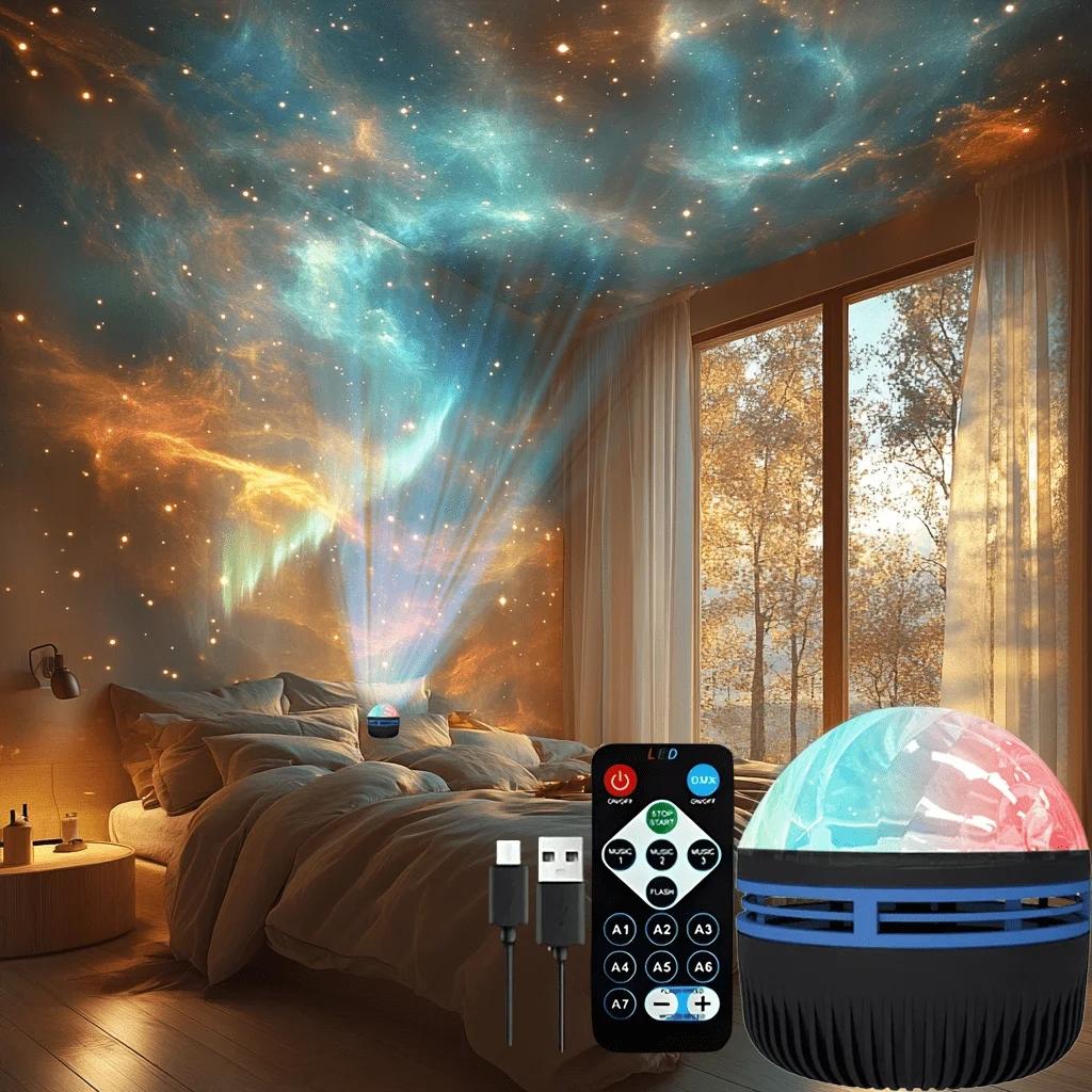 Aurora LED Projector, USB Powered Galaxy Starlight Lamp, Remote Control, Multi-Color, Home & Office Decor, Tabletop Installation