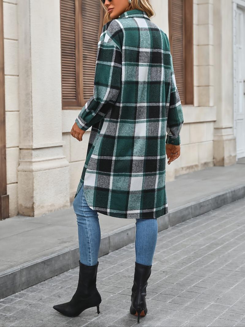 Women's Colorblock Plaid Print Button Front Drop Shoulder Coat Casual Long Sleeve Collared Pocket Coat Jackets for Fall & Winter, Women's Clothing for Daily Wear